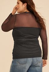 Plus Size Polka Dot Mesh Long Sleeve Top, C1756, small