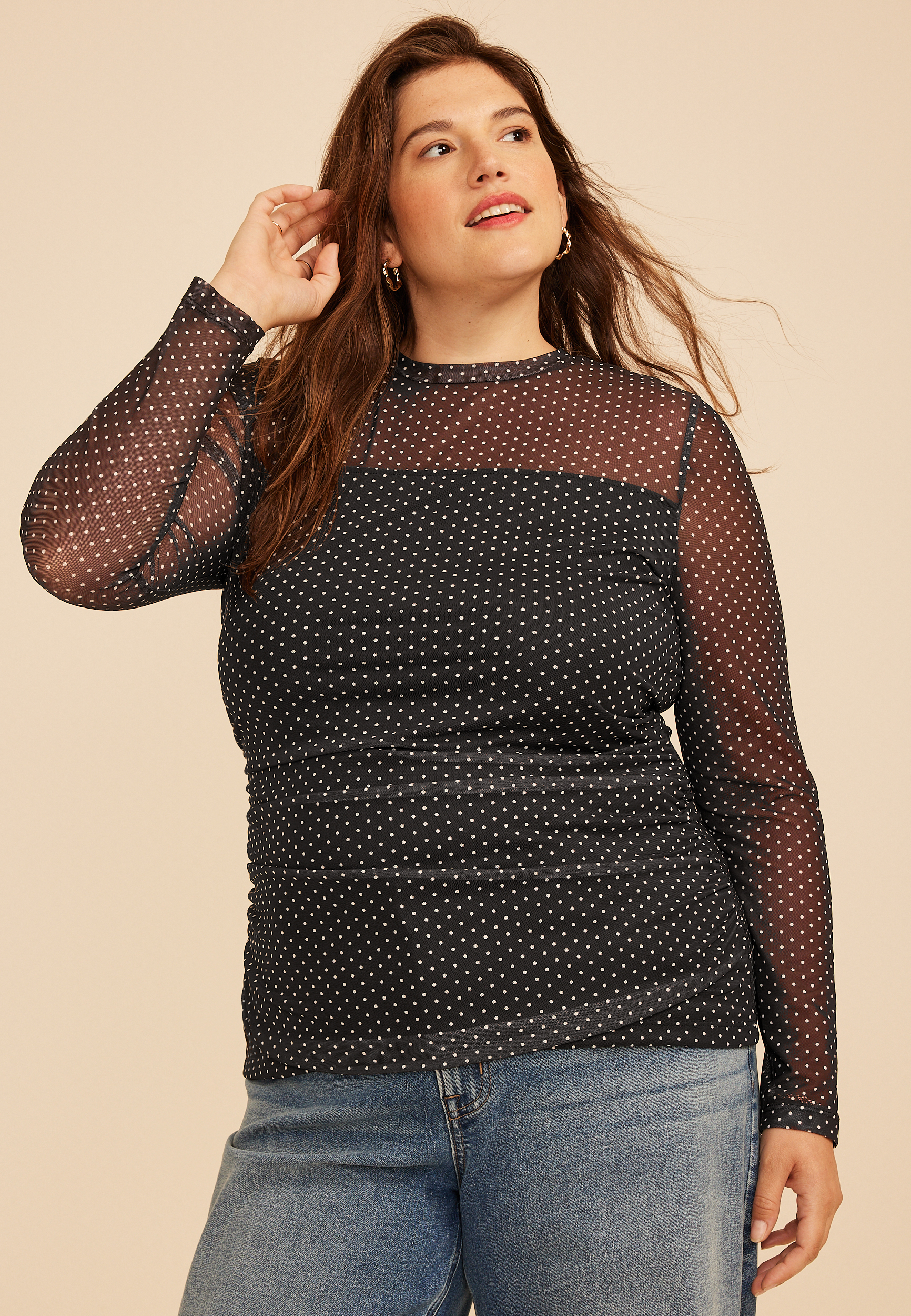Plus Size Polka Dot Mesh Long Sleeve Top, C1756, large
