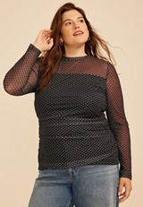 Plus Size Polka Dot Mesh Long Sleeve Top, C1756, small