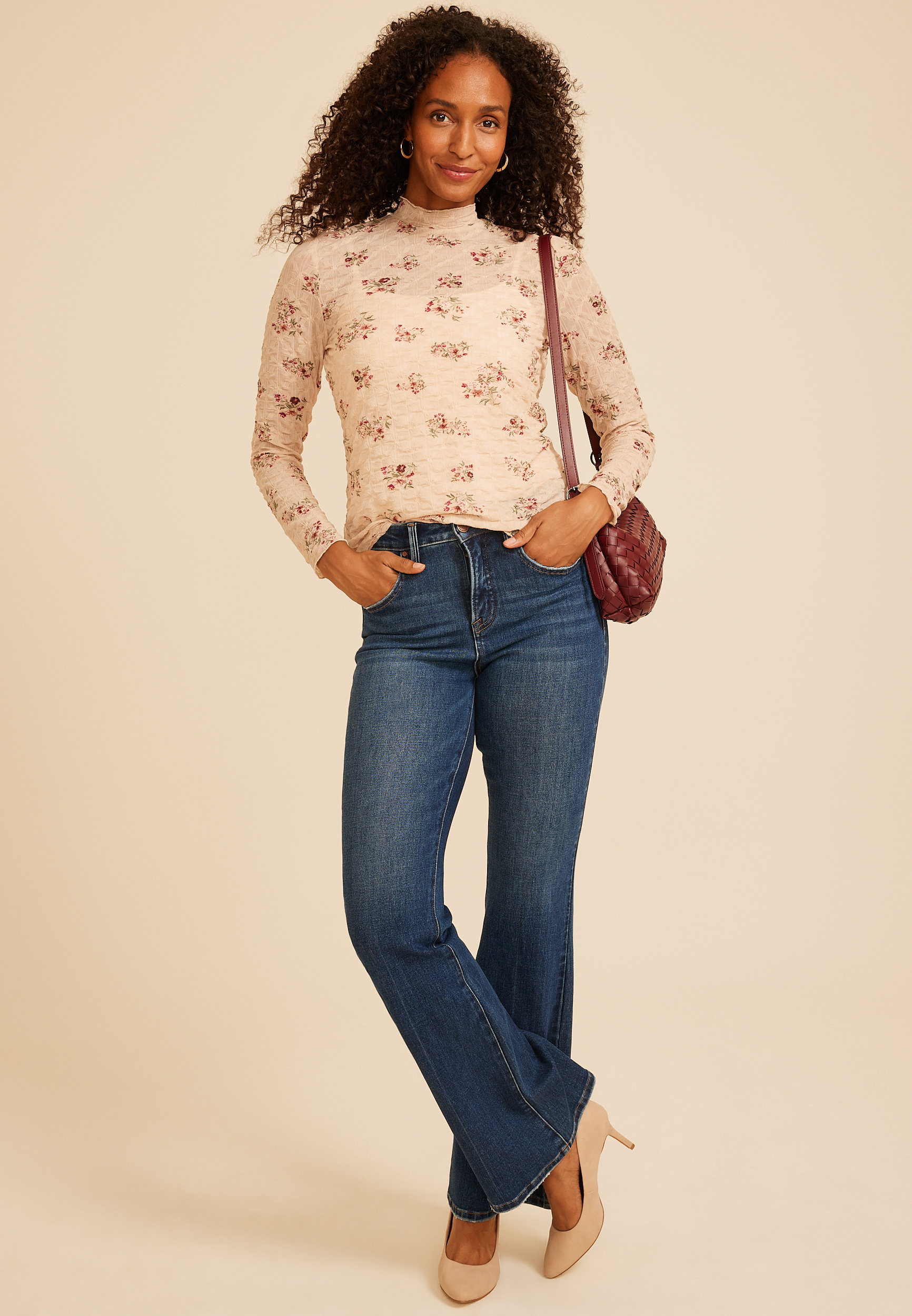 Textured Mesh Mock Neck Top, C8582, large