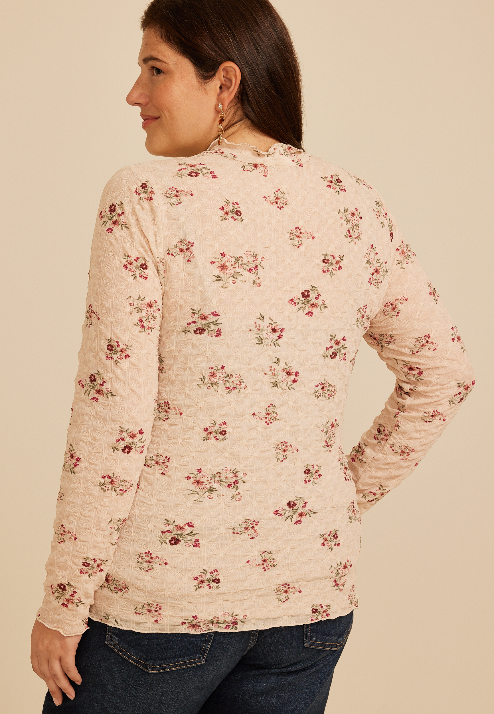 Plus Size Textured Floral Mesh Mock Neck Top, C8582, large