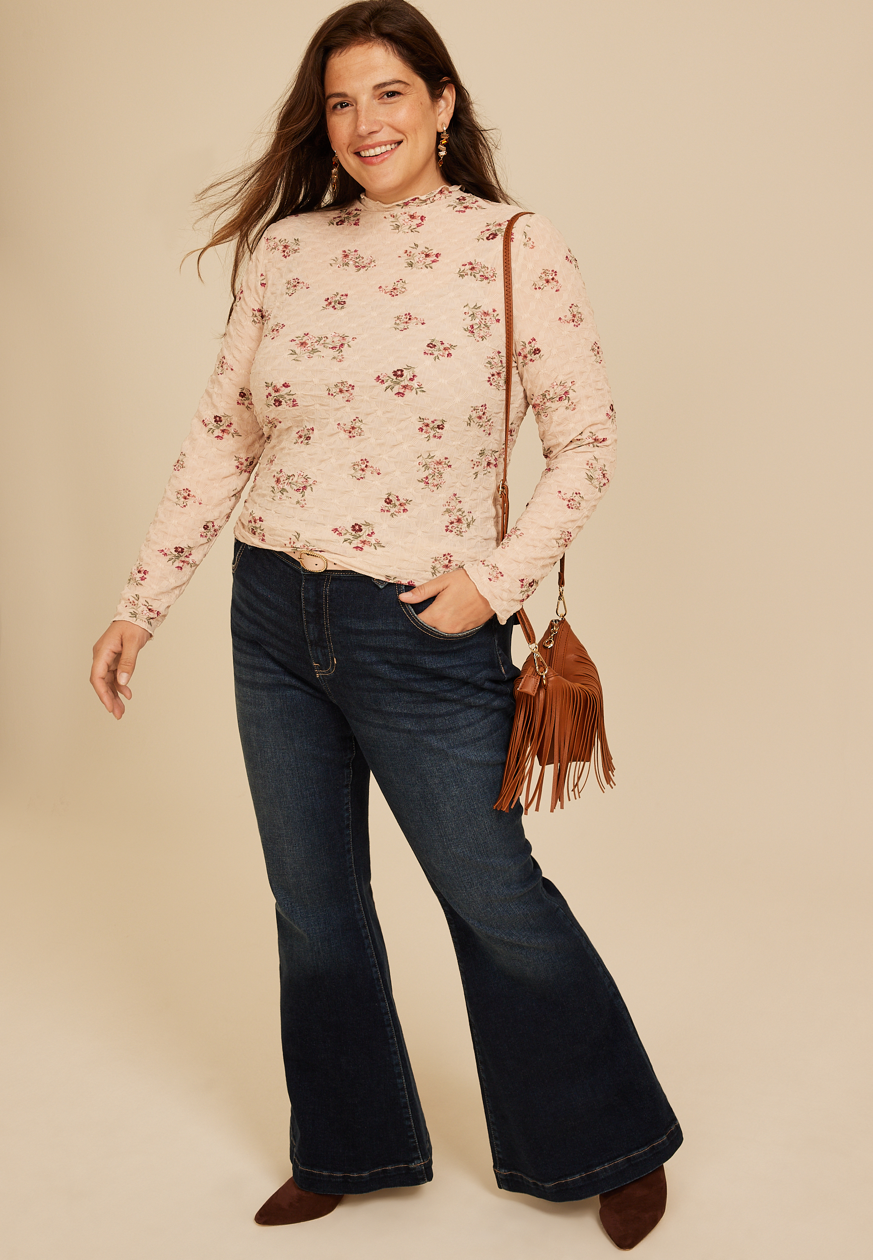 Plus Size Textured Floral Mesh Mock Neck Top, C8582, large