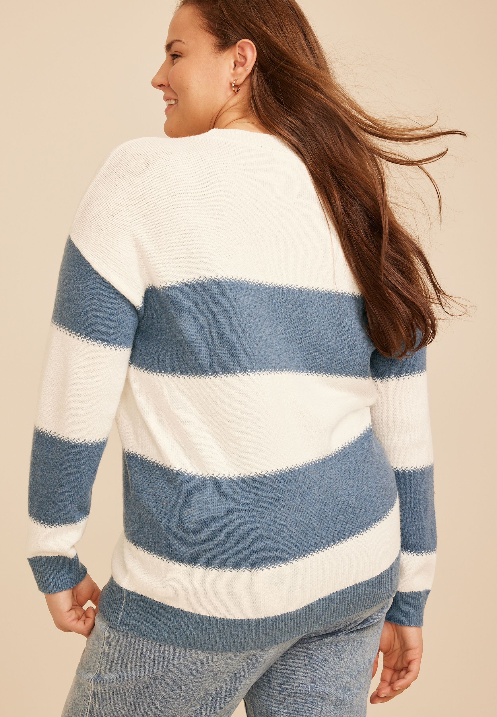 Plus Size Block Stripe Jacquard Stitch Sweater, C97, large