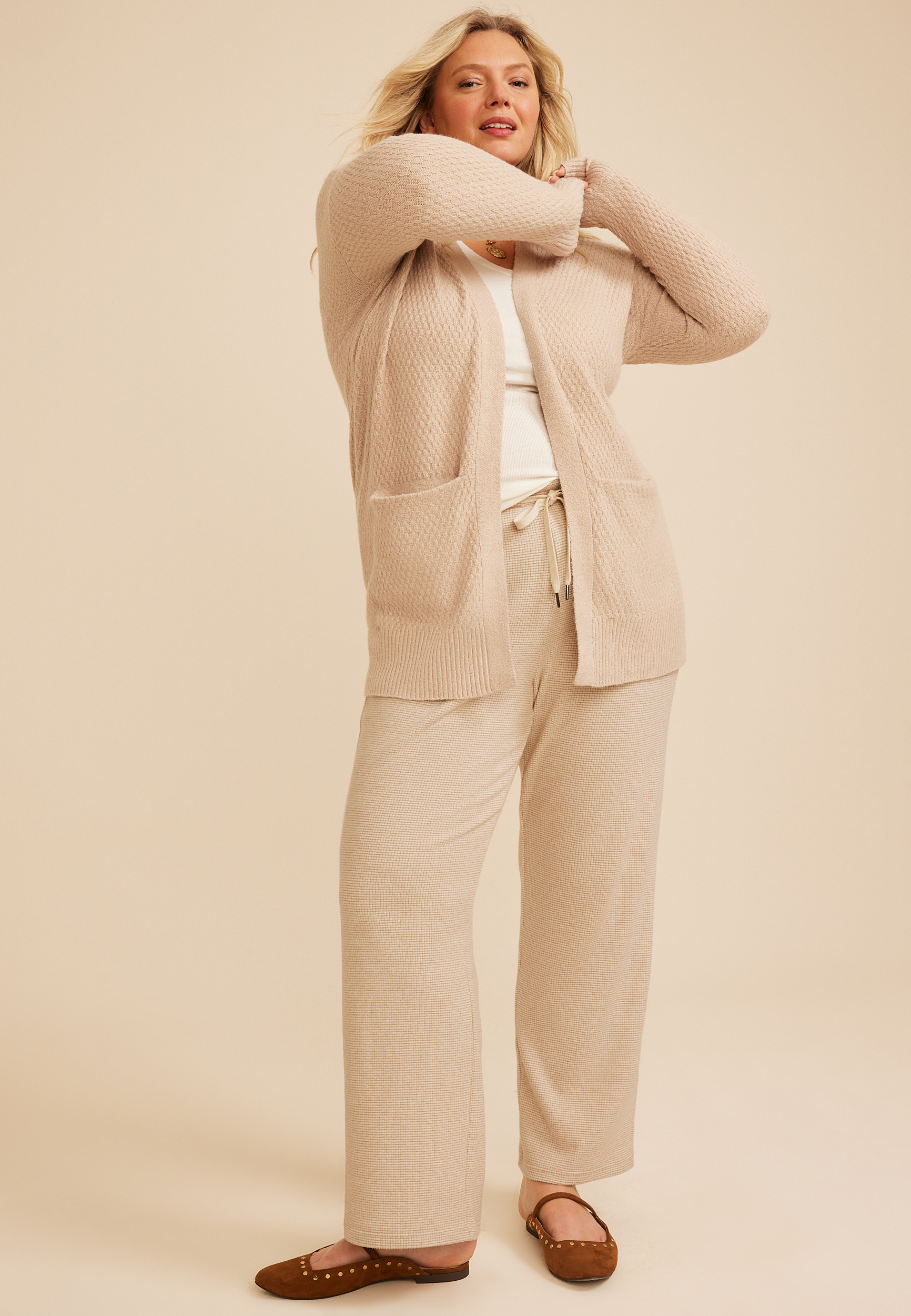 Plus Size Cozy Waffle High Rise Wide Leg Pants, C1265, large