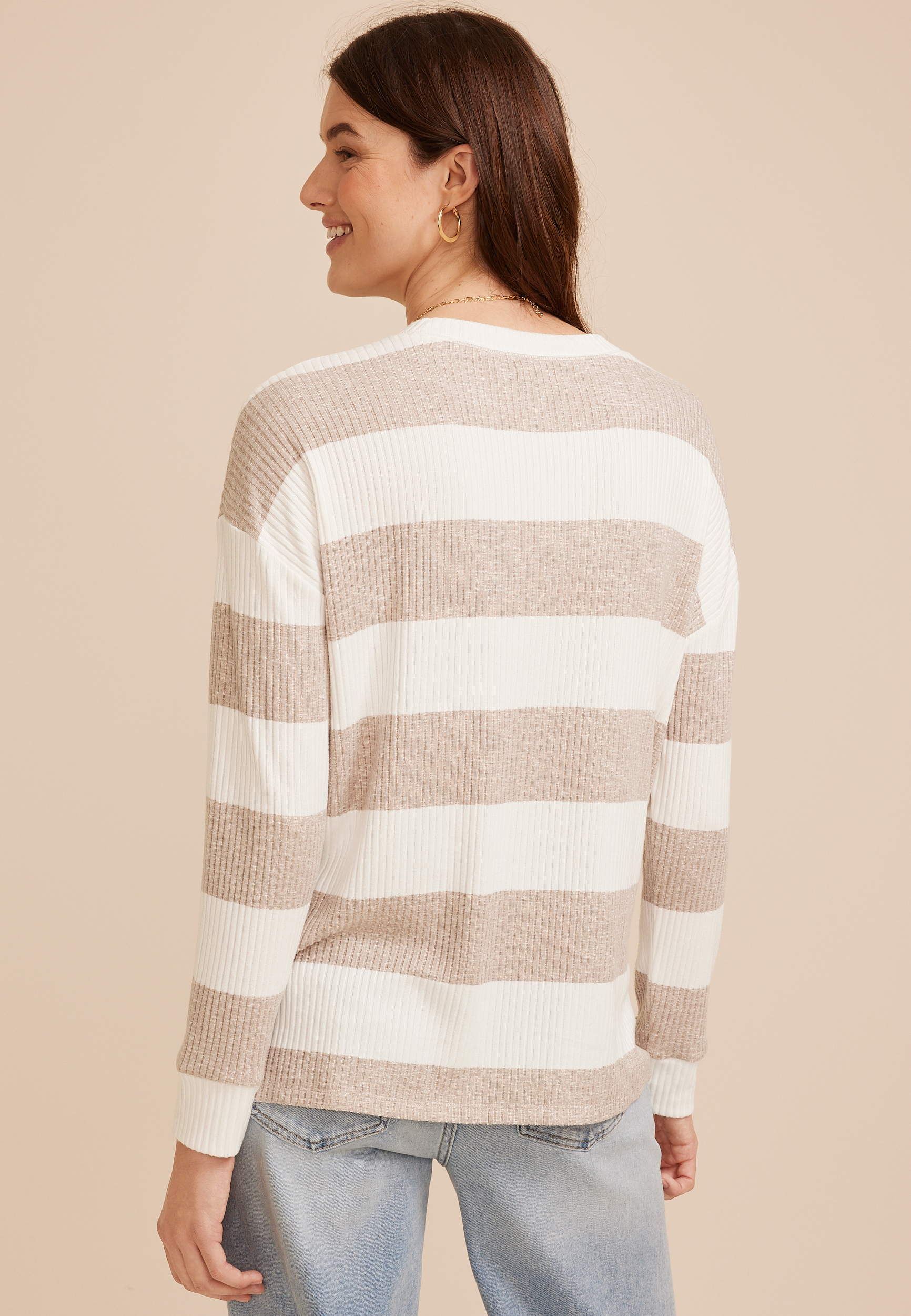 24/7 Cozy Rib Striped Long Sleeve Top, C5222, large