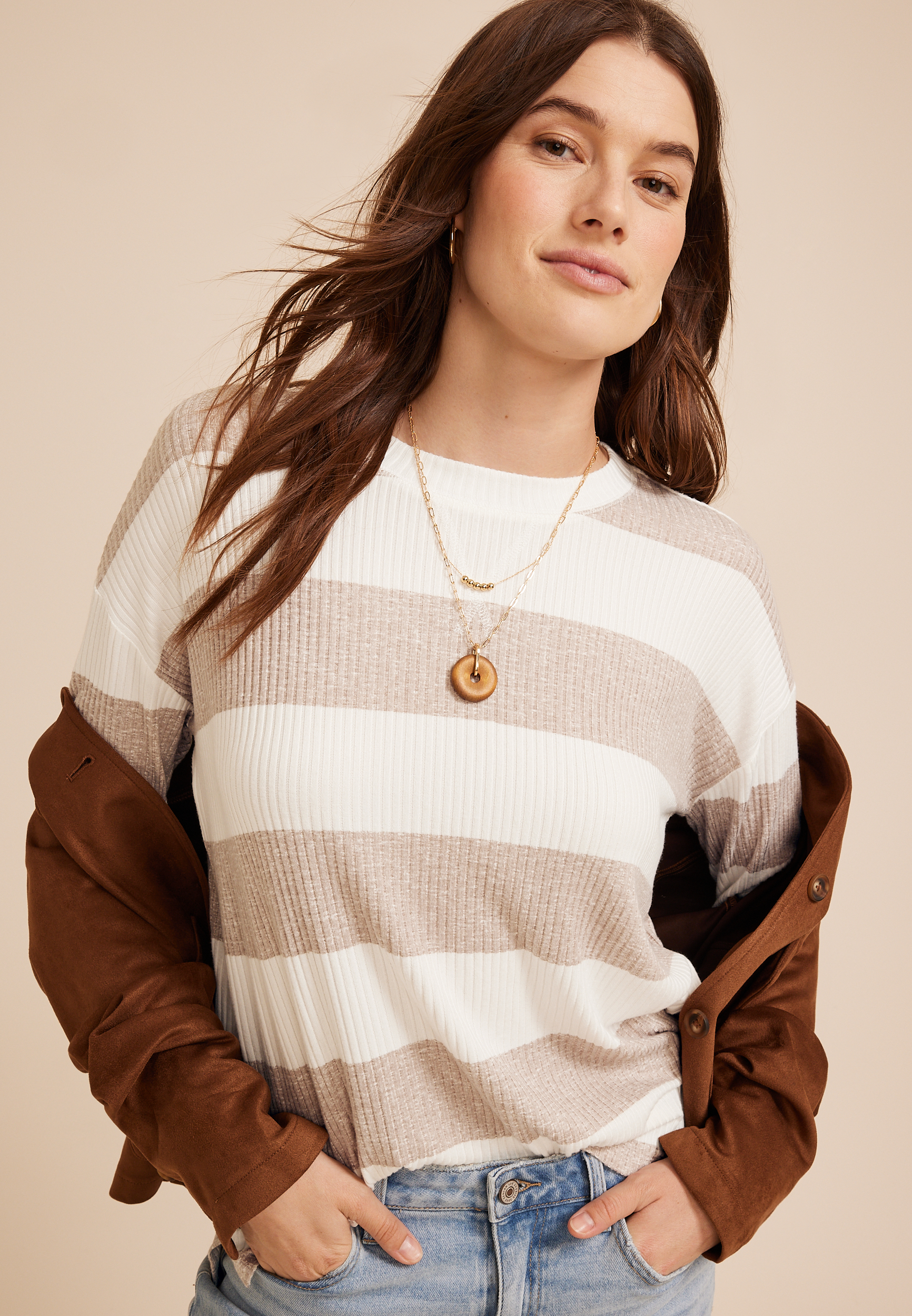 24/7 Cozy Rib Striped Long Sleeve Top, C5222, large