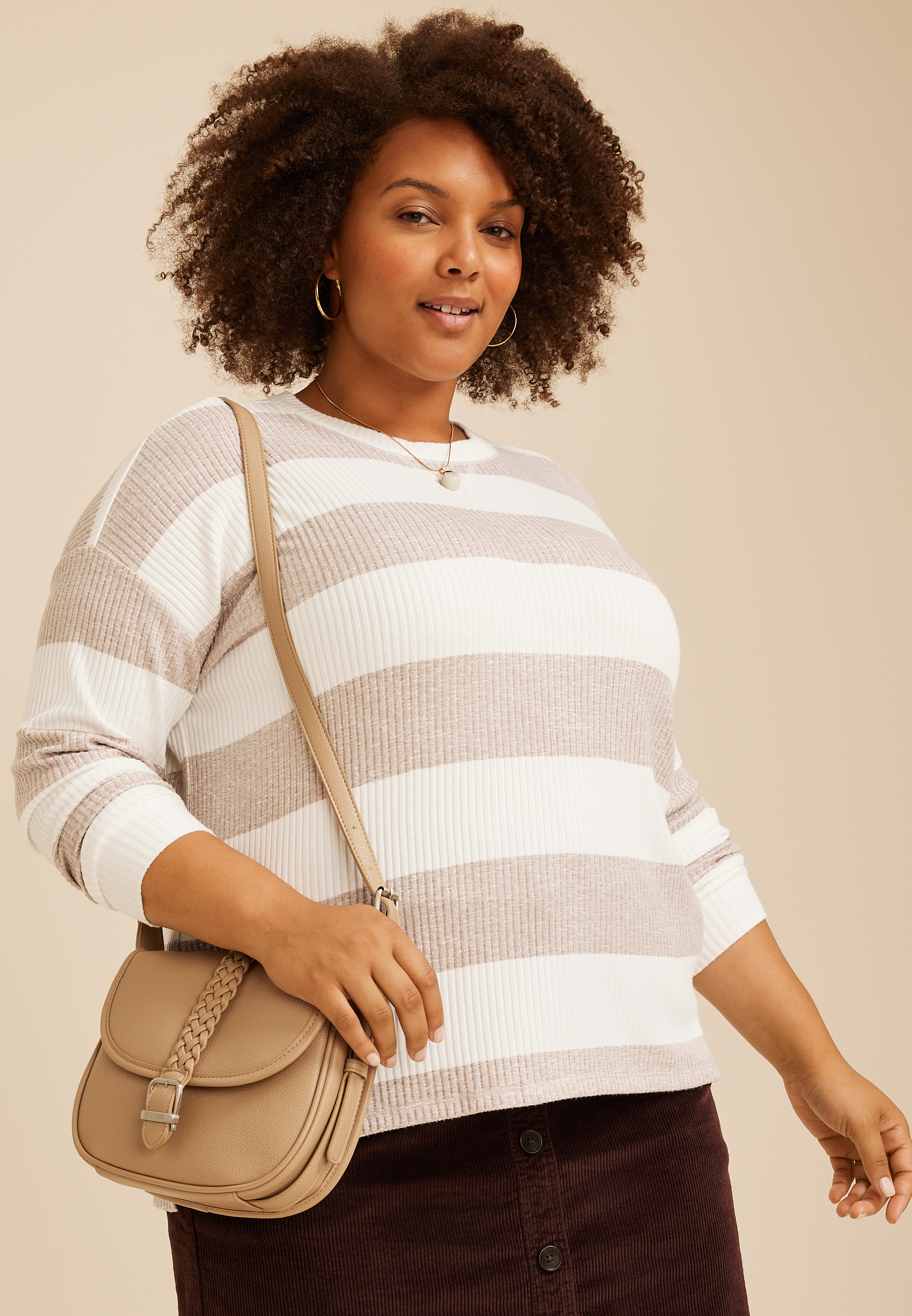 Plus Size 24/7 Cozy Rib Striped Long Sleeve Top, C5222, large