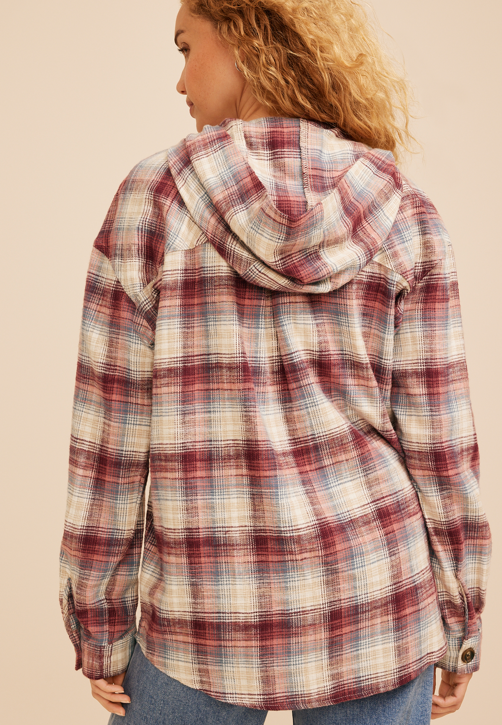 Hooded Cabin Plaid Button Front Shirt, C1524, large