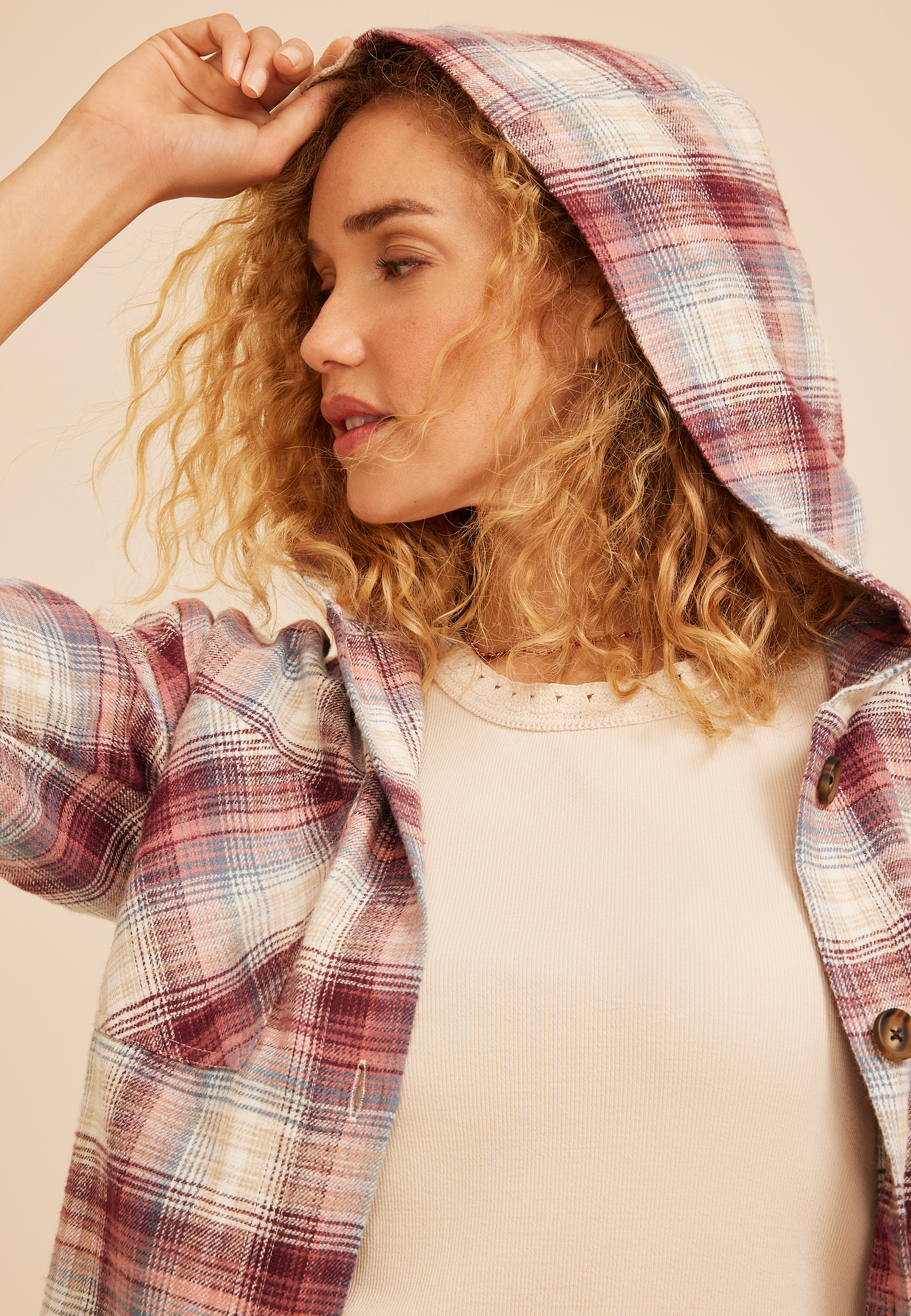 Hooded Cabin Plaid Button Front Shirt, C1524, large
