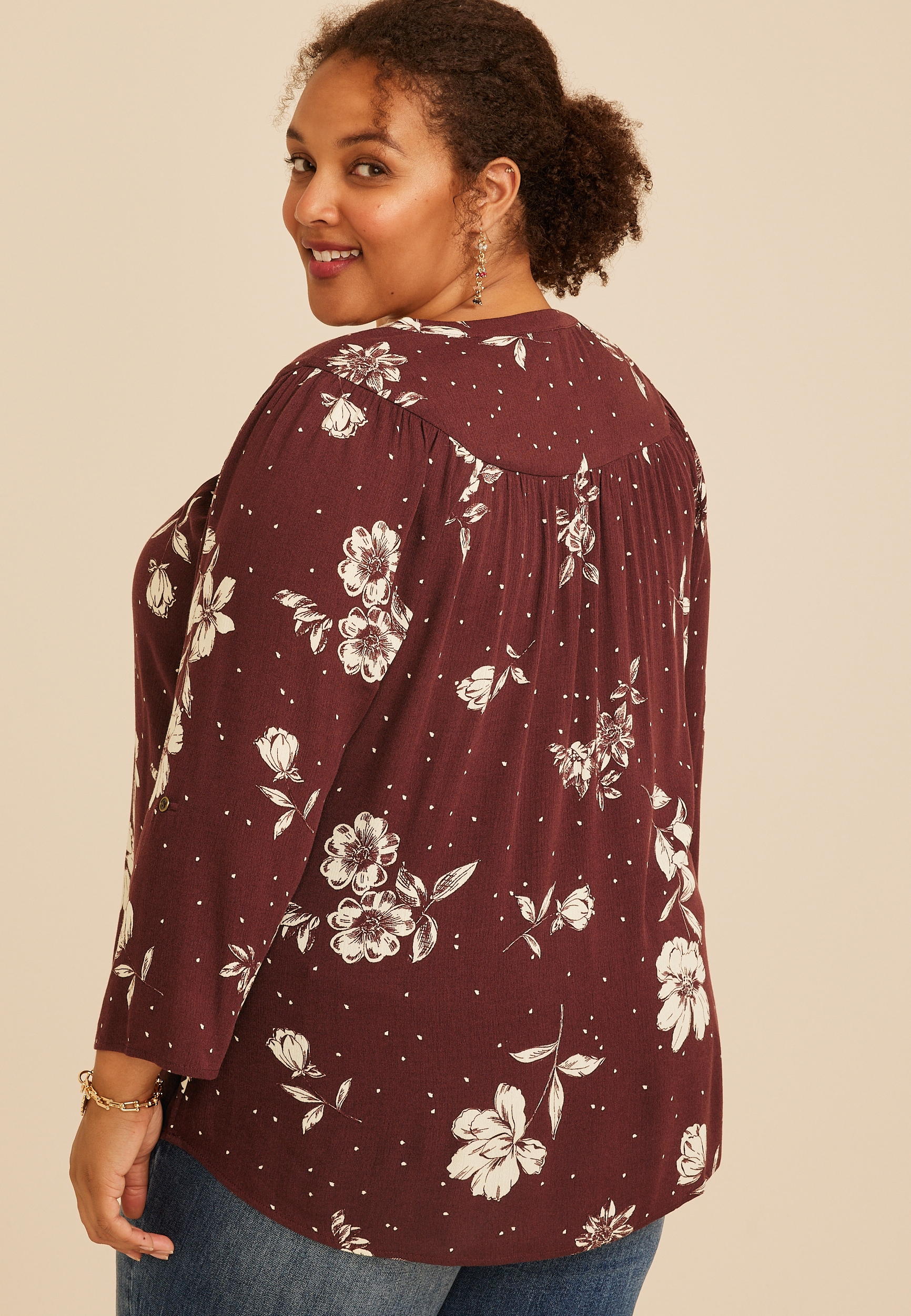 Plus Size Floral Dot Henley Blouse, C6274, large