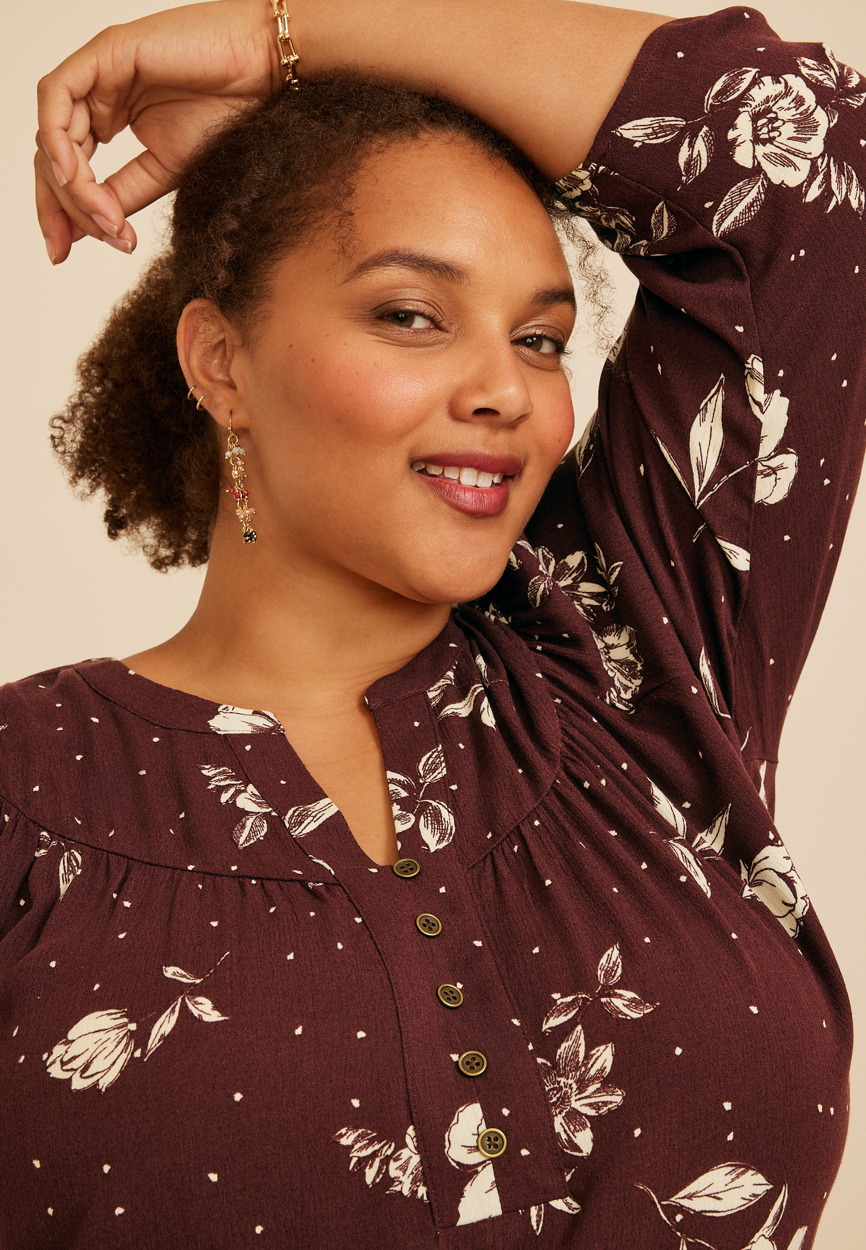 Plus Size Floral Dot Henley Blouse, C6274, large