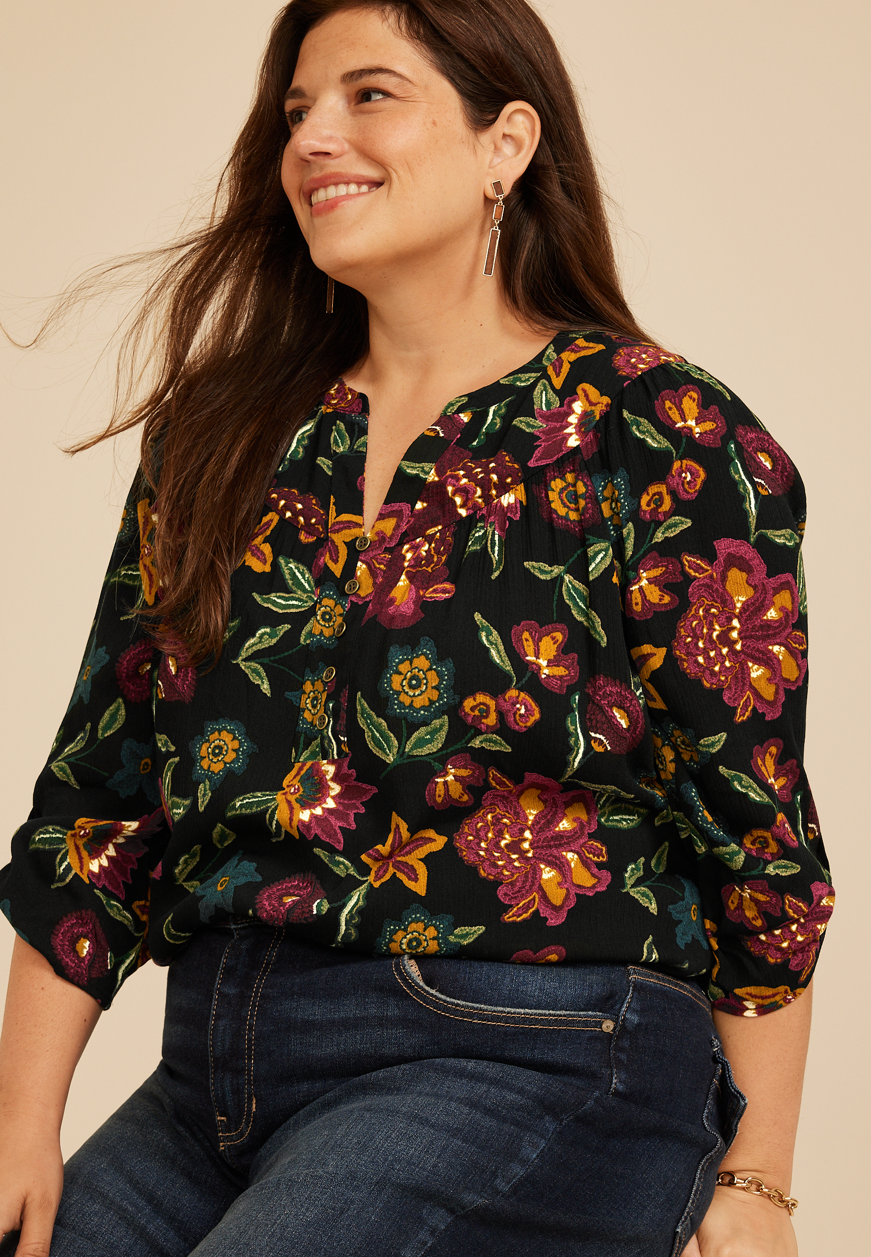 Plus Size Floral Henley Blouse, C1756, large