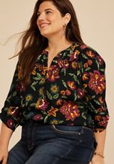 Plus Size Floral Henley Blouse, C1756, small