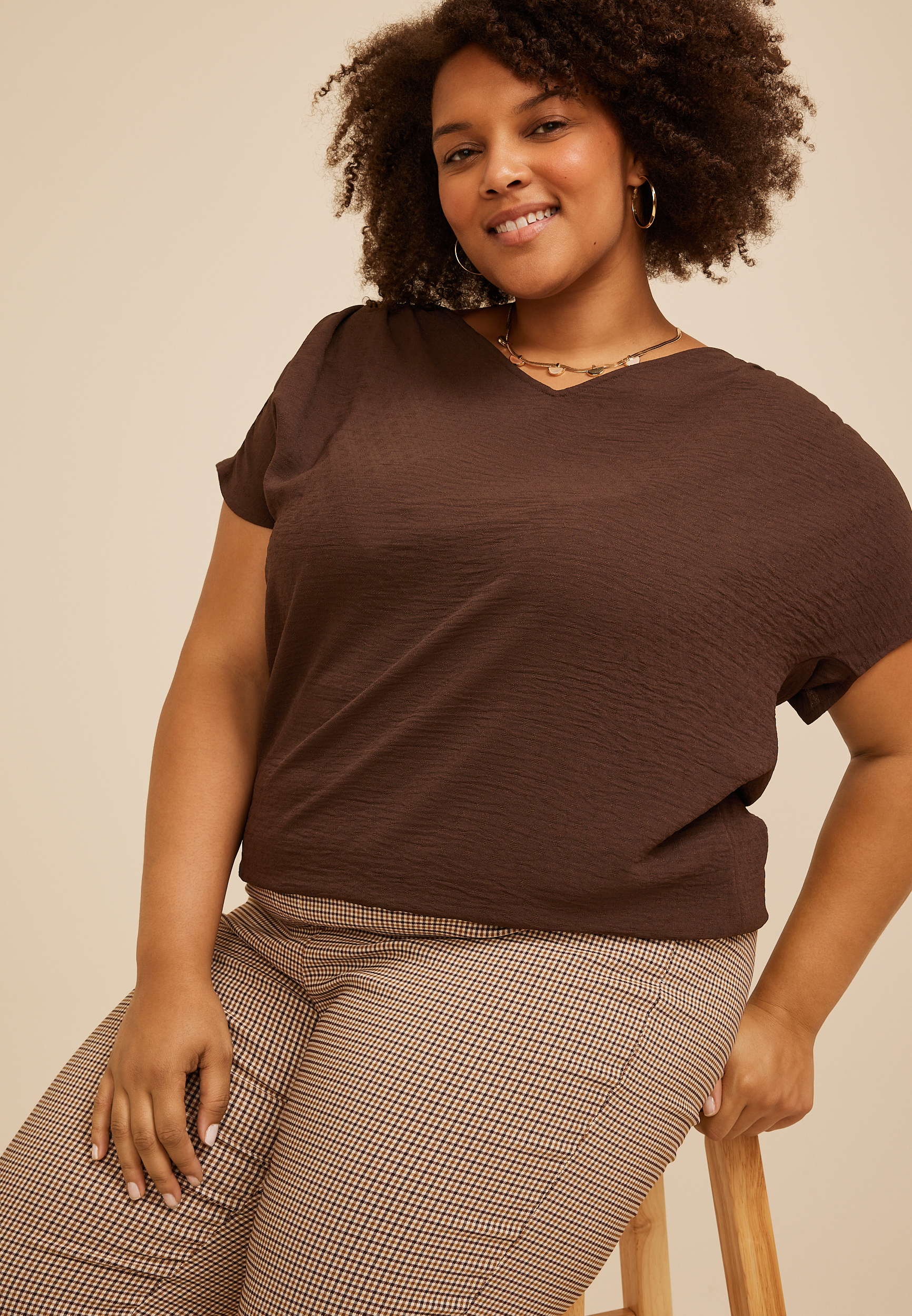 Plus Size Dolman Short Sleeve Blouse, COFFEE BEAN, large