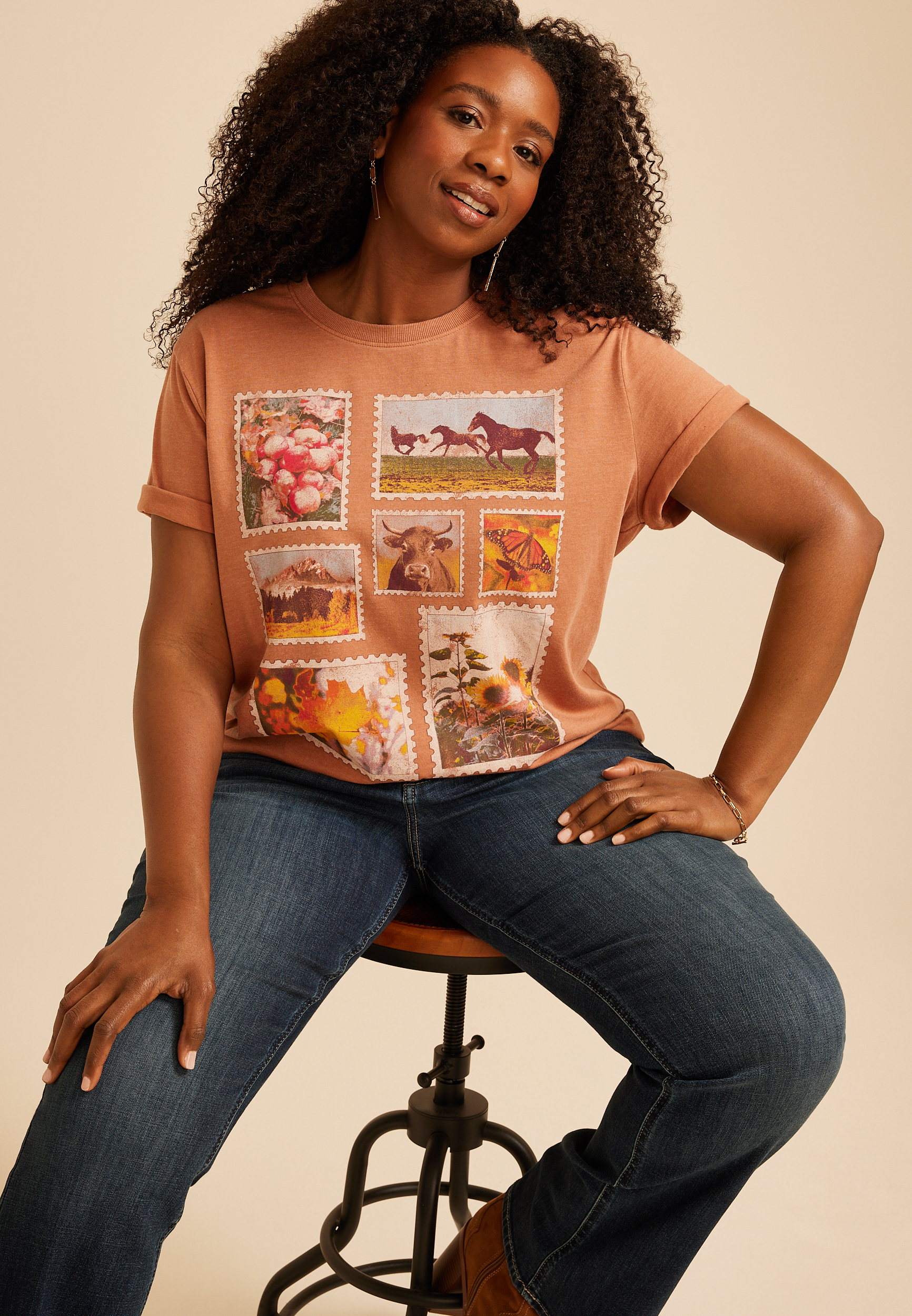 Plus Size Fall Stamp Oversized Fit Graphic Tee, C8664, large