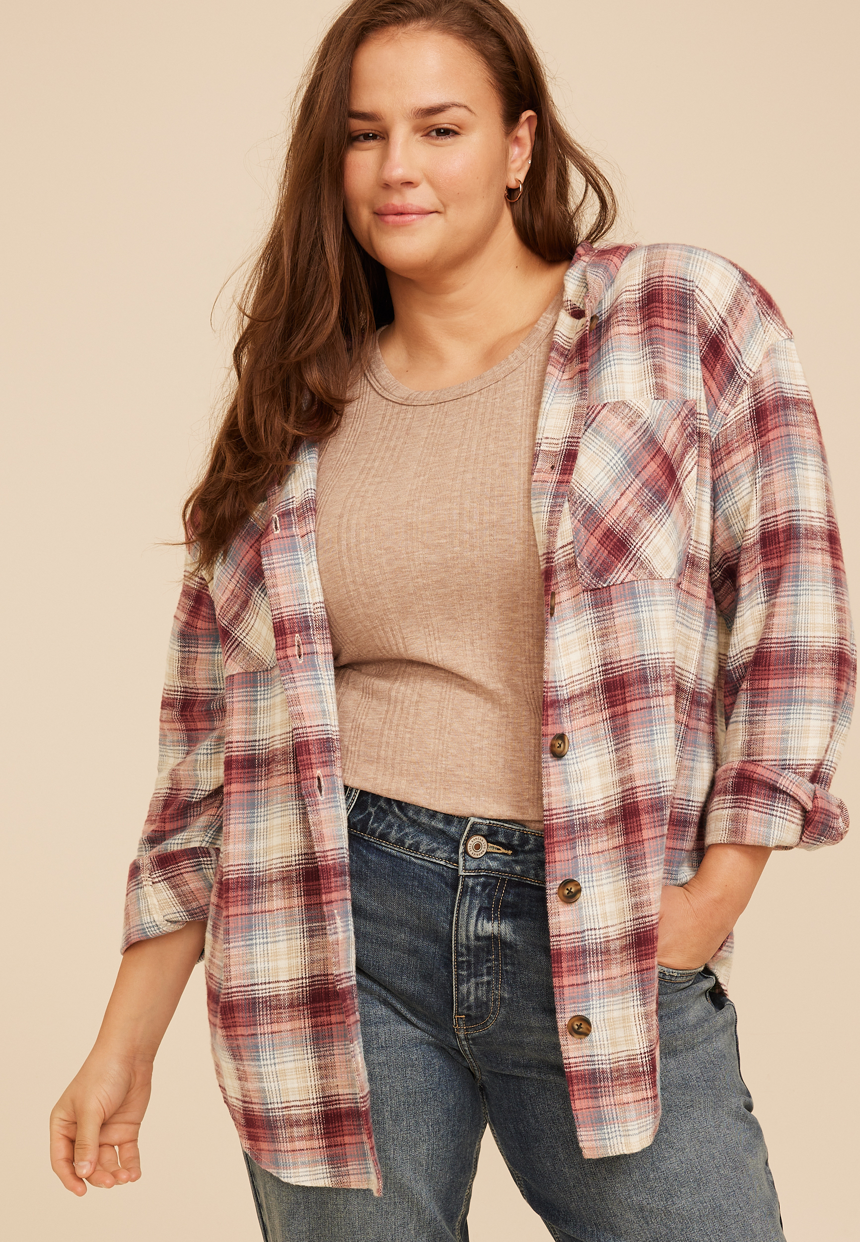Plus Size Hooded Cabin Plaid Button Front Shirt, C1524, large