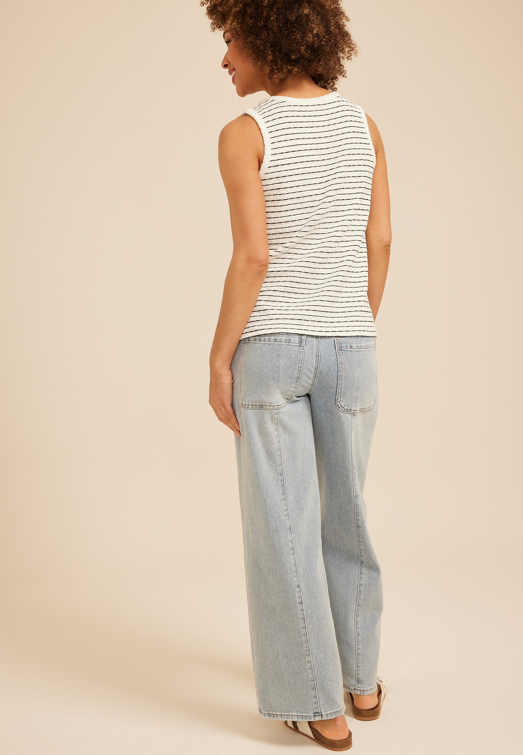 Striped Jacquard V Neck Tank Top, GARDENIA COMBO, large