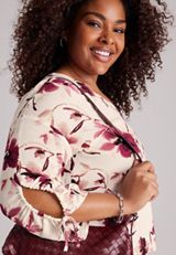 Plus Size Floral Cinched Sleeve Blouse, C1677, small