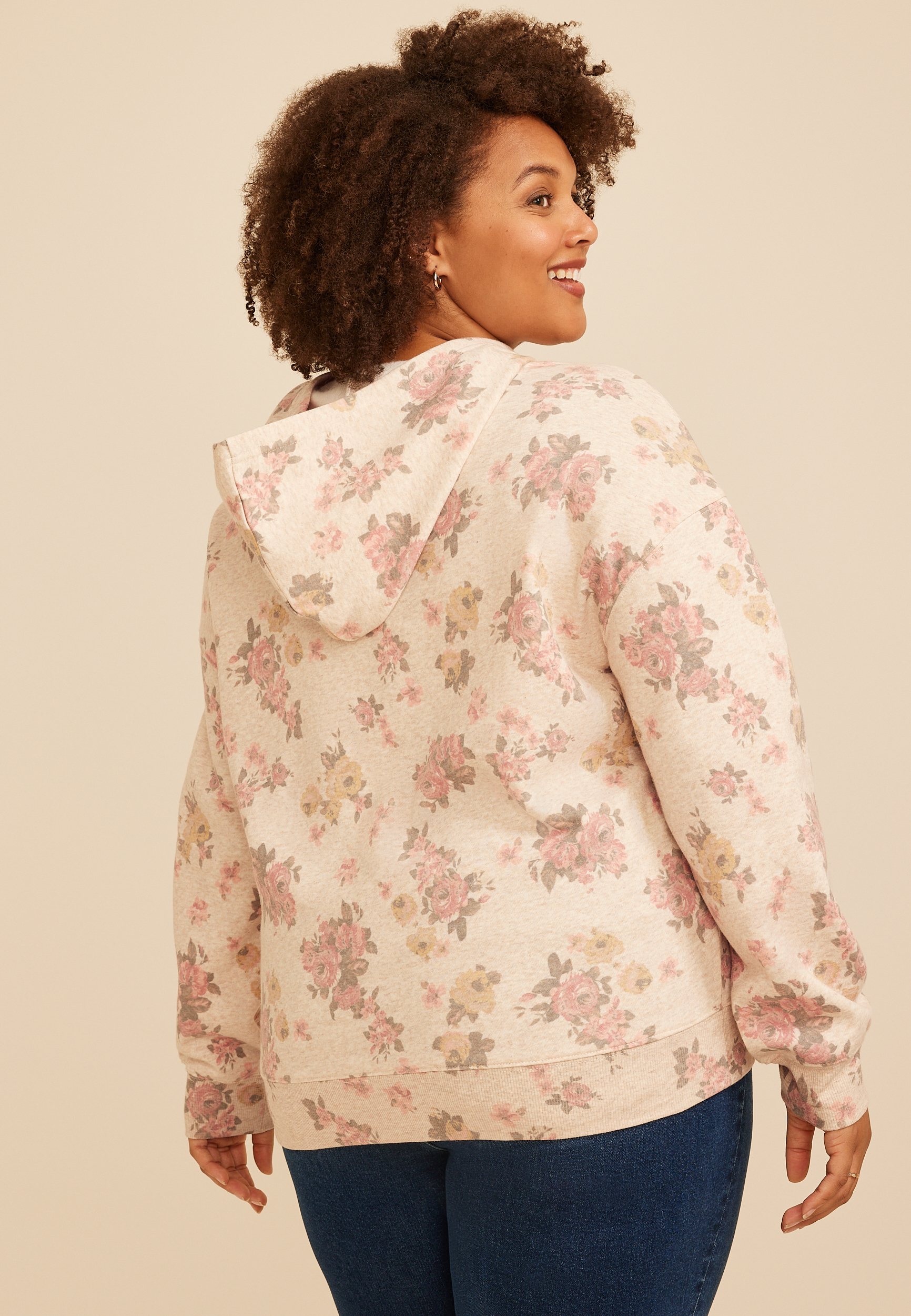 Plus Size Floral Print Hoodie, C1008, large