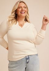 Plus Size Brushed Split Neck Henley Top, C8232, small