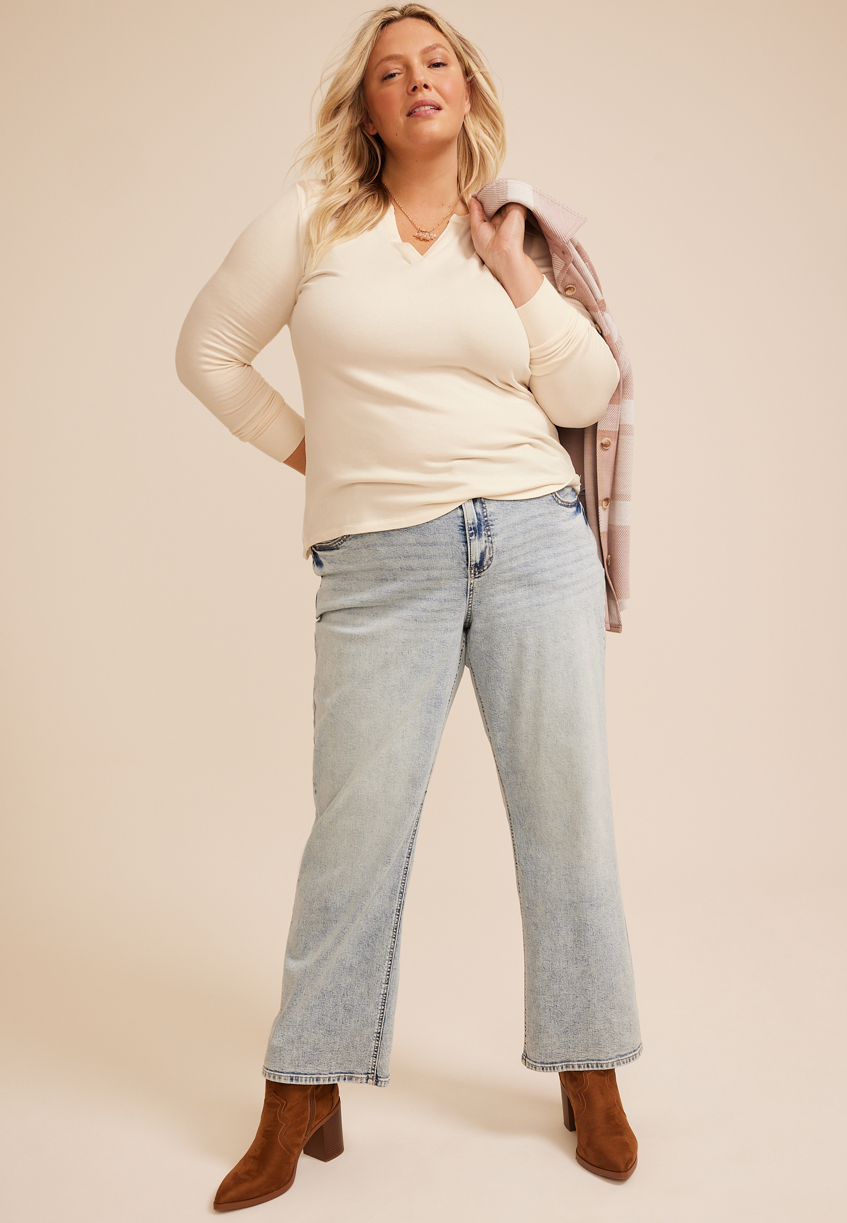 Plus Size Brushed Split Neck Henley Top, C8232, large