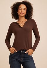 Satin Trim Split Neck Henley Top, COFFEE BEAN, small