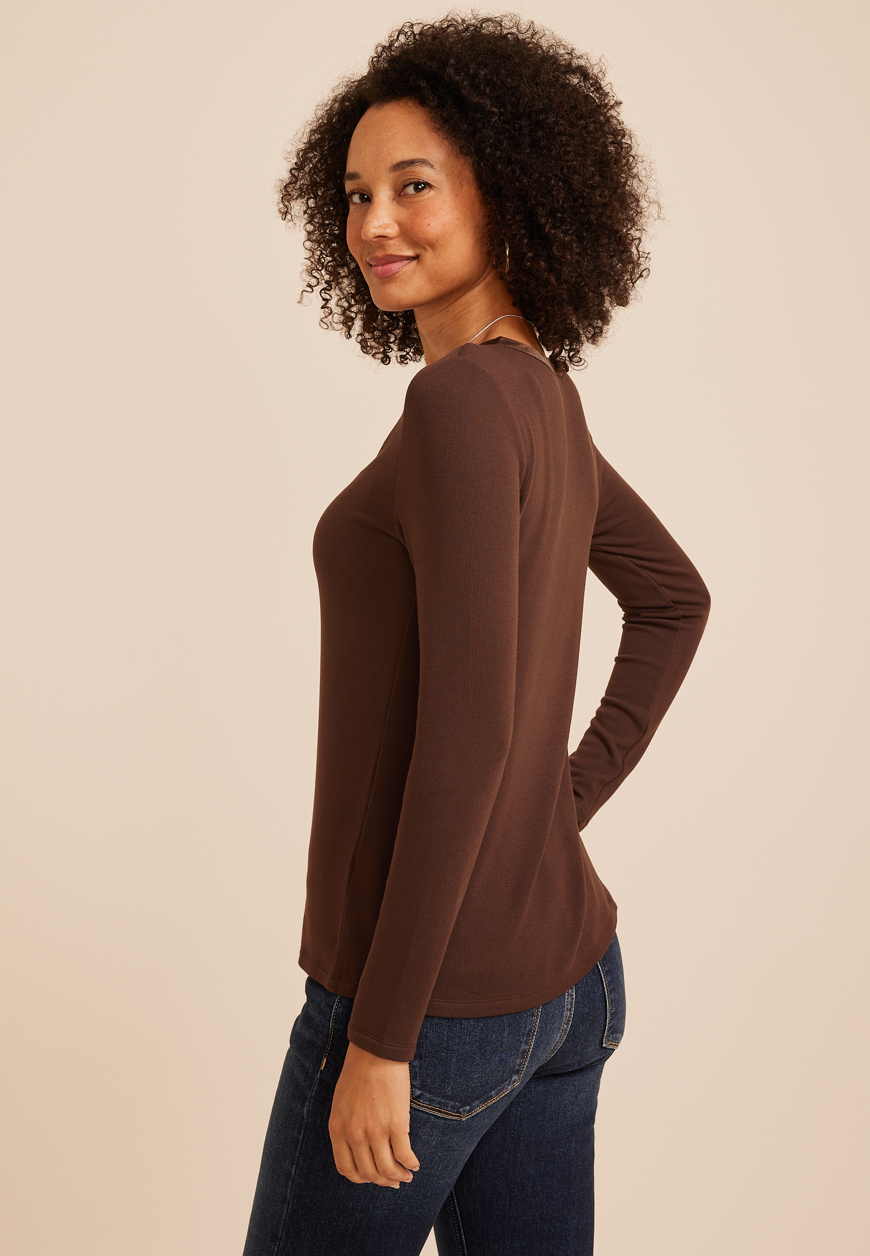 Satin Trim Split Neck Henley Top, COFFEE BEAN, large