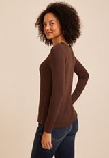 Satin Trim Split Neck Henley Top, COFFEE BEAN, small