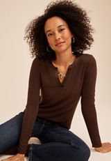 Satin Trim Split Neck Henley Top, COFFEE BEAN, small