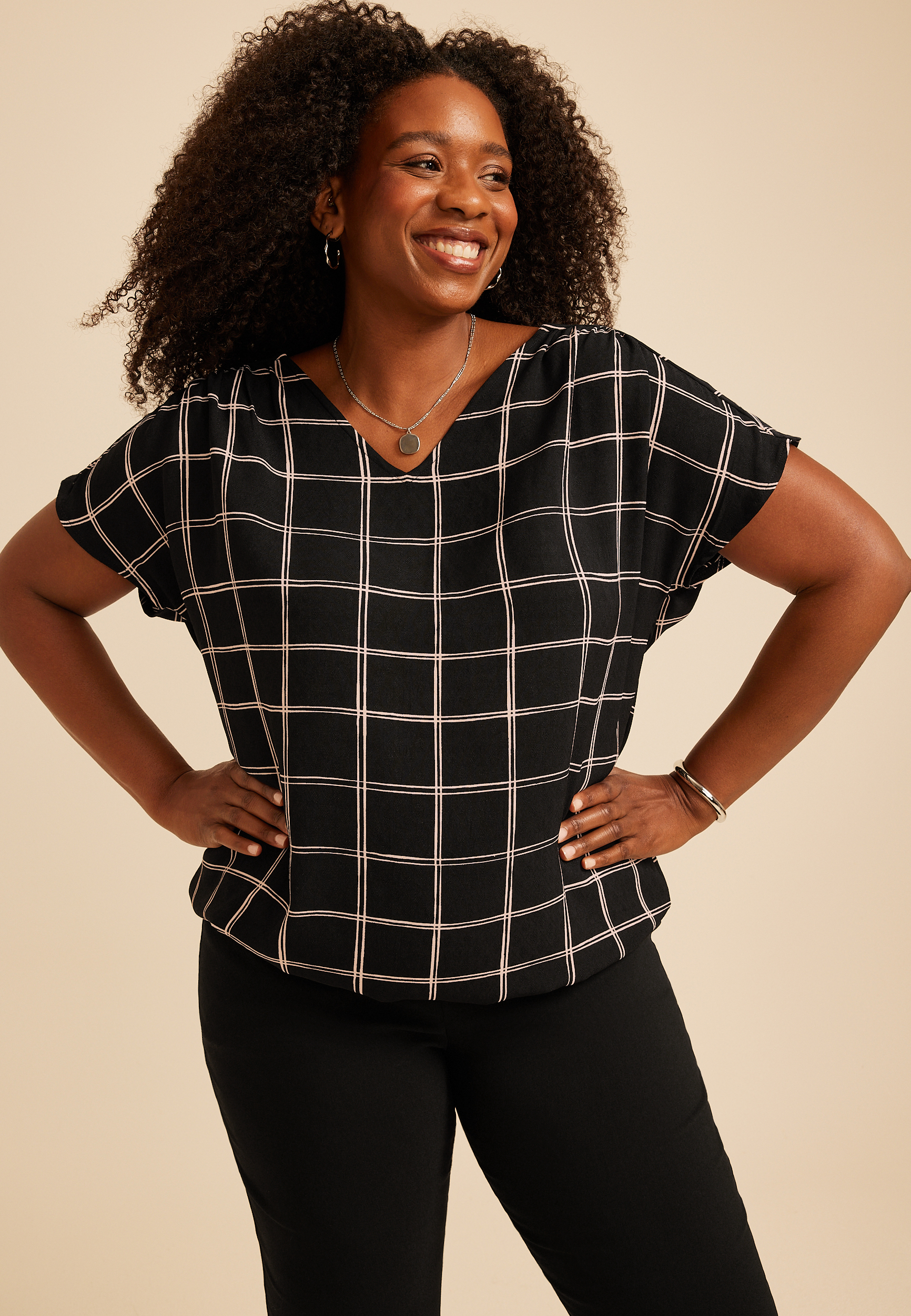 Plus Size Windowpane Plaid Bubble Hem Blouse