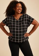 Plus Size Windowpane Plaid Bubble Hem Blouse, C1756, small
