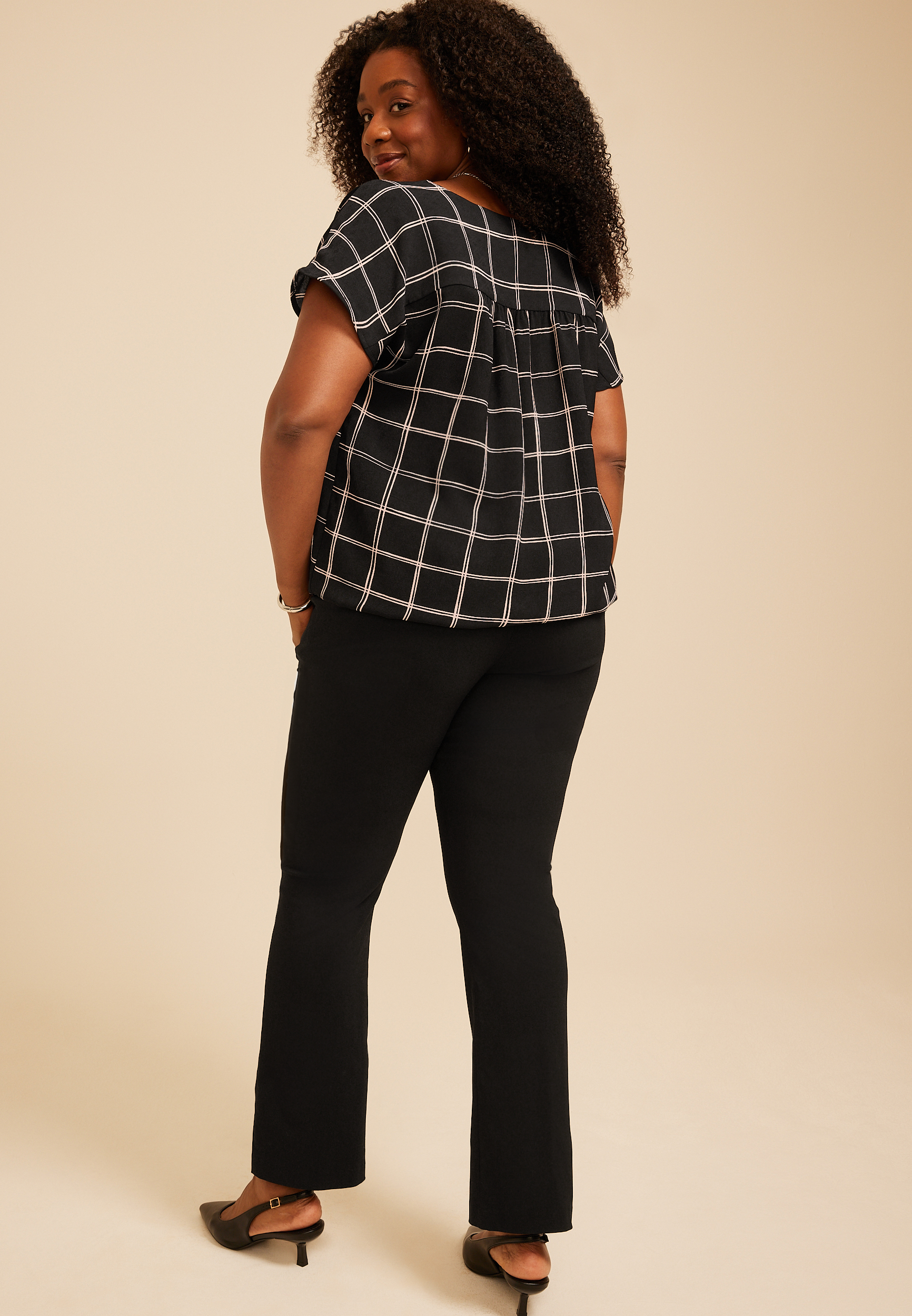 Plus Size Windowpane Plaid Bubble Hem Blouse, C1756, large