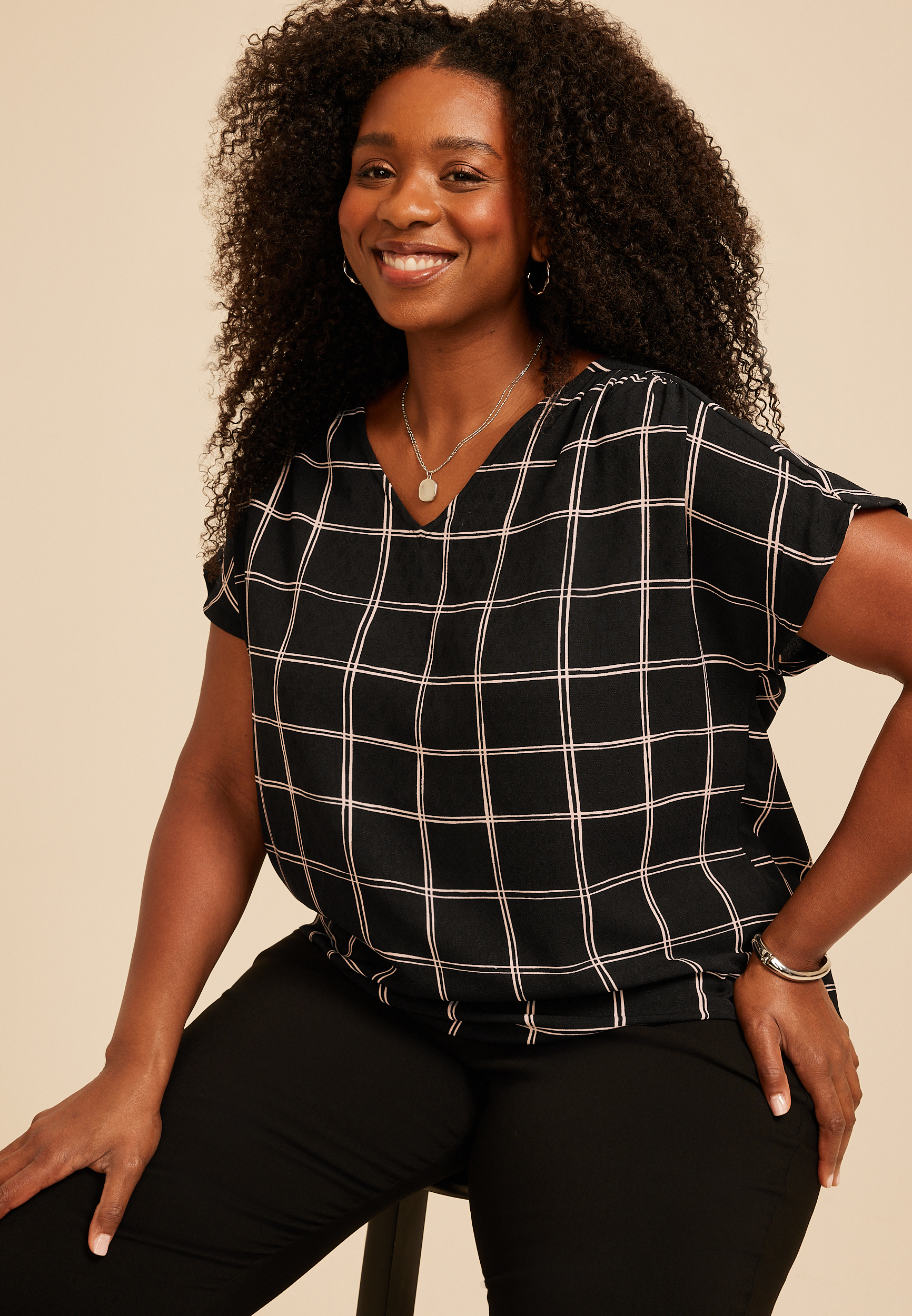 Plus Size Windowpane Plaid Bubble Hem Blouse, C1756, large