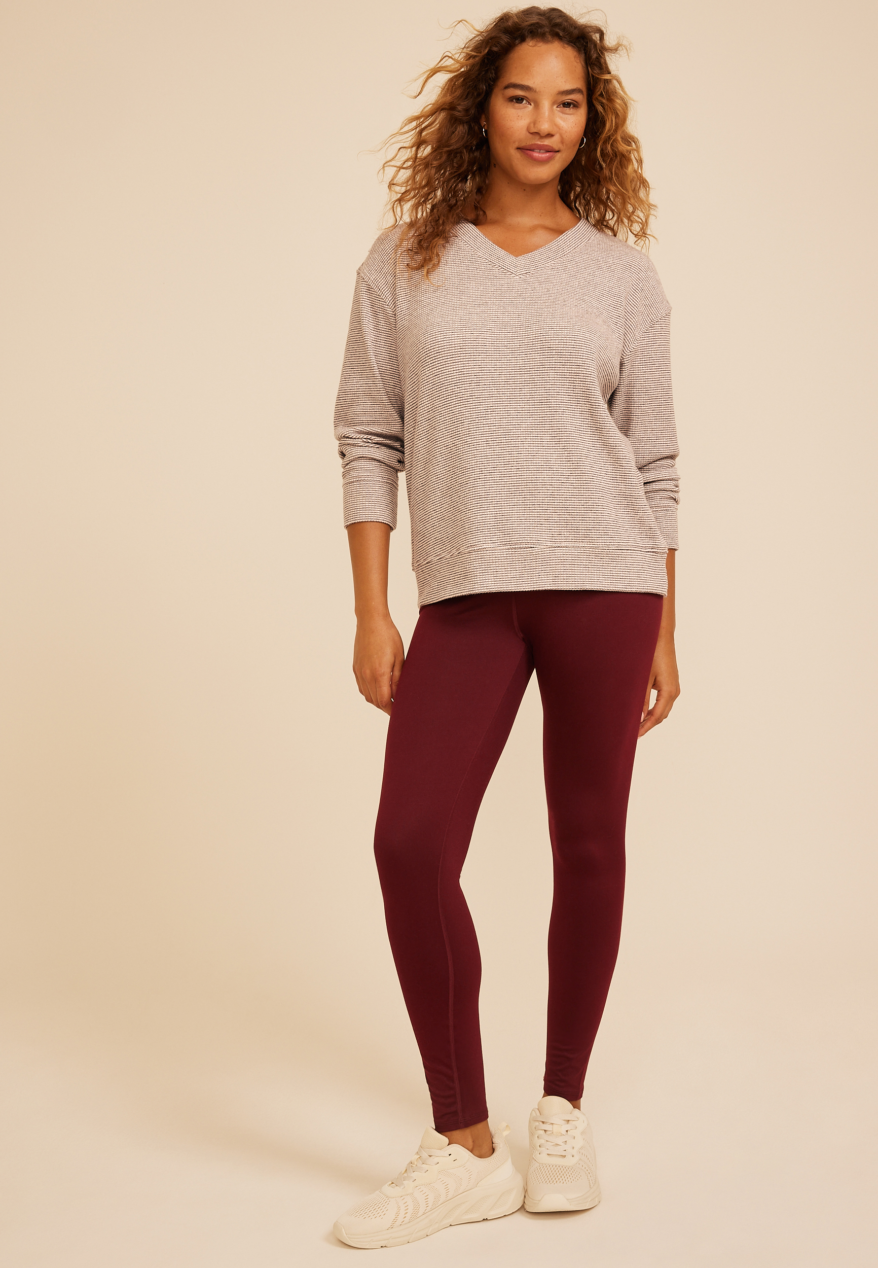 Cozy Stripe Waffle Knit V Neck Top, C1229, large
