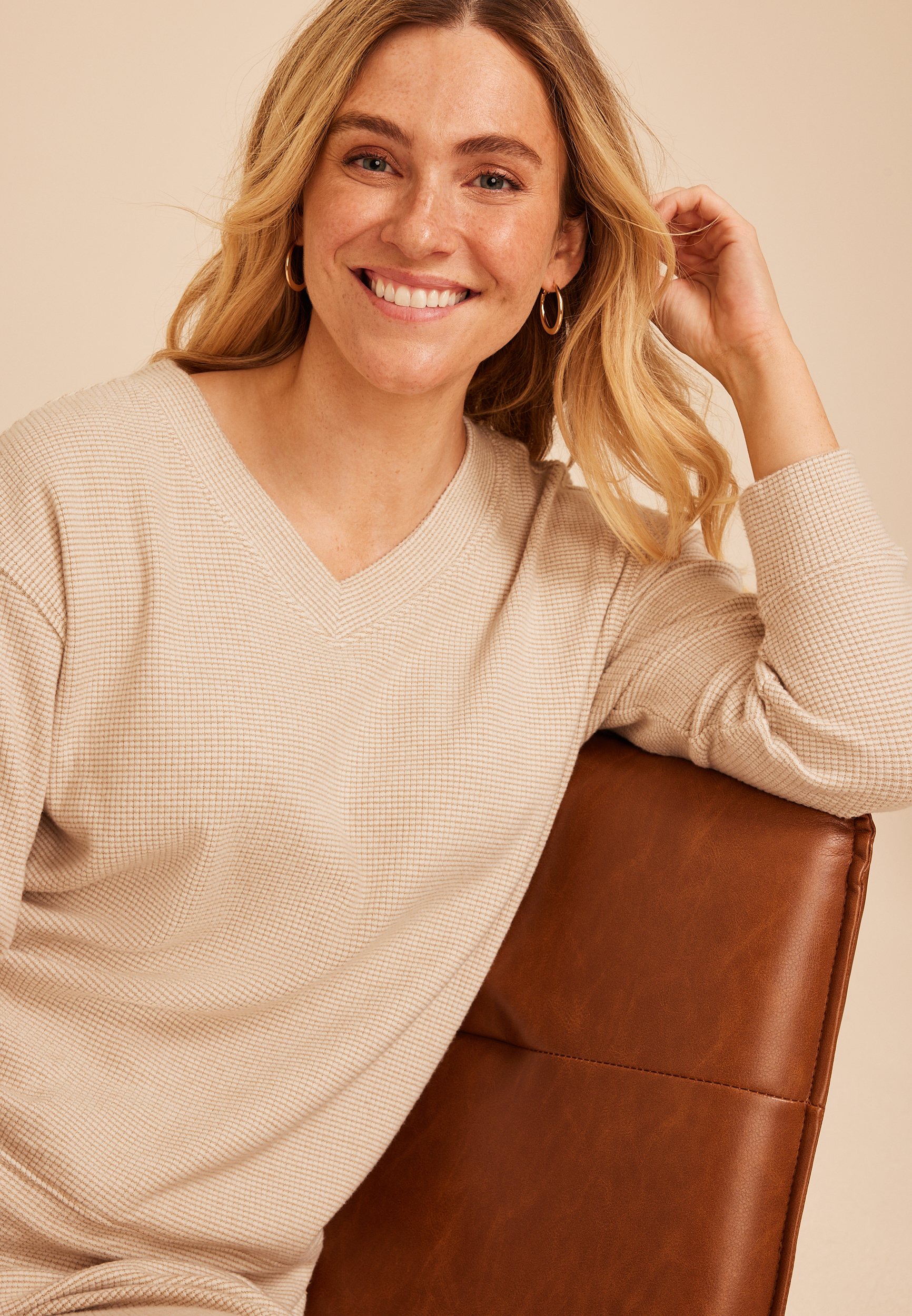 Cozy Stripe Waffle Knit V Neck Top, AMPHORA, large