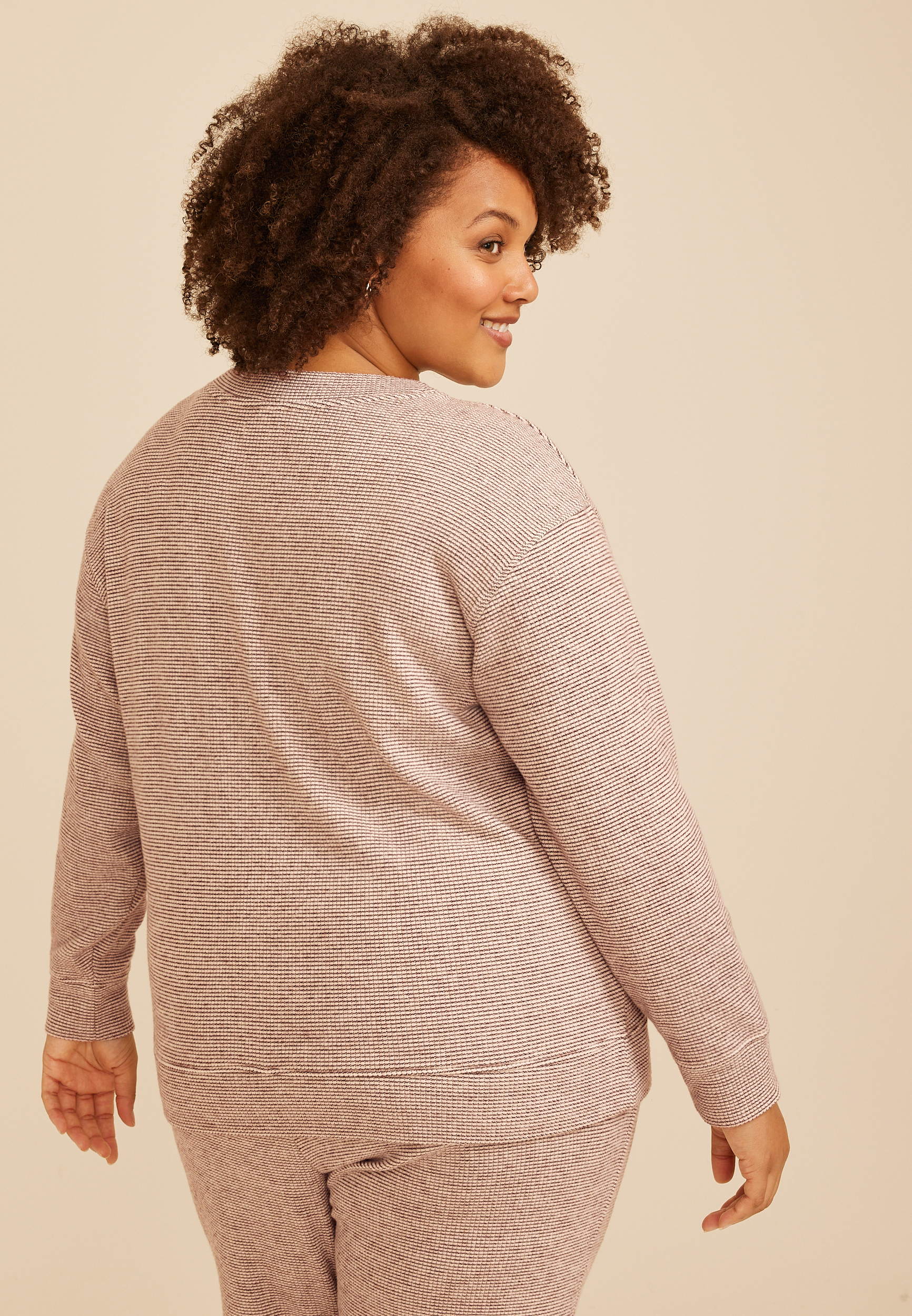 Plus Size Cozy Stripe Waffle Knit V Neck Top, C1229, large