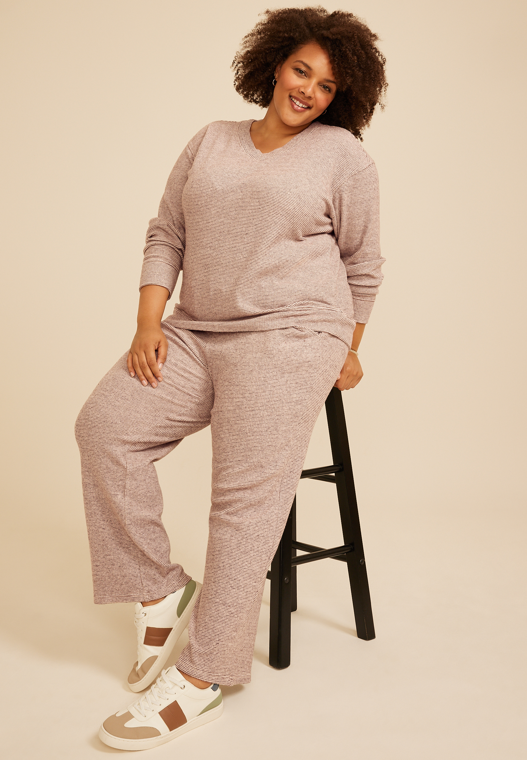 Plus Size Cozy Stripe Waffle Knit V Neck Top, C1229, large