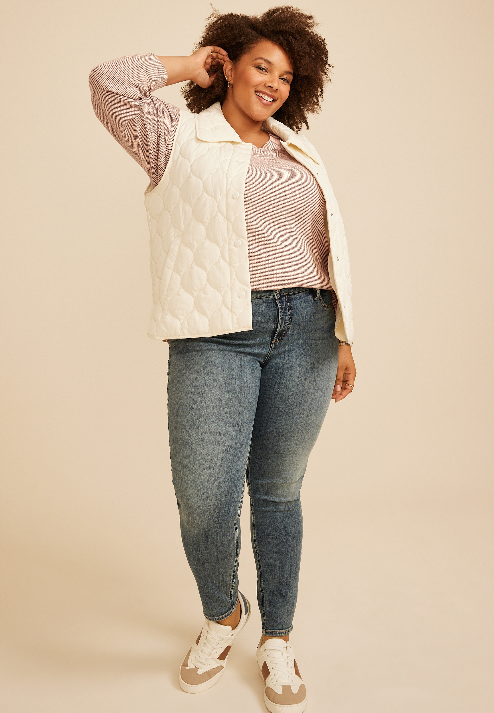 Plus Size Cozy Stripe Waffle Knit V Neck Top, C1229, large