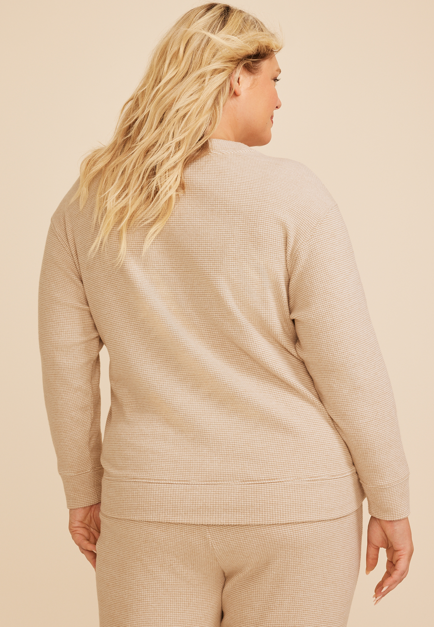 Plus Size Cozy Stripe Waffle Knit V Neck Top, AMPHORA, large