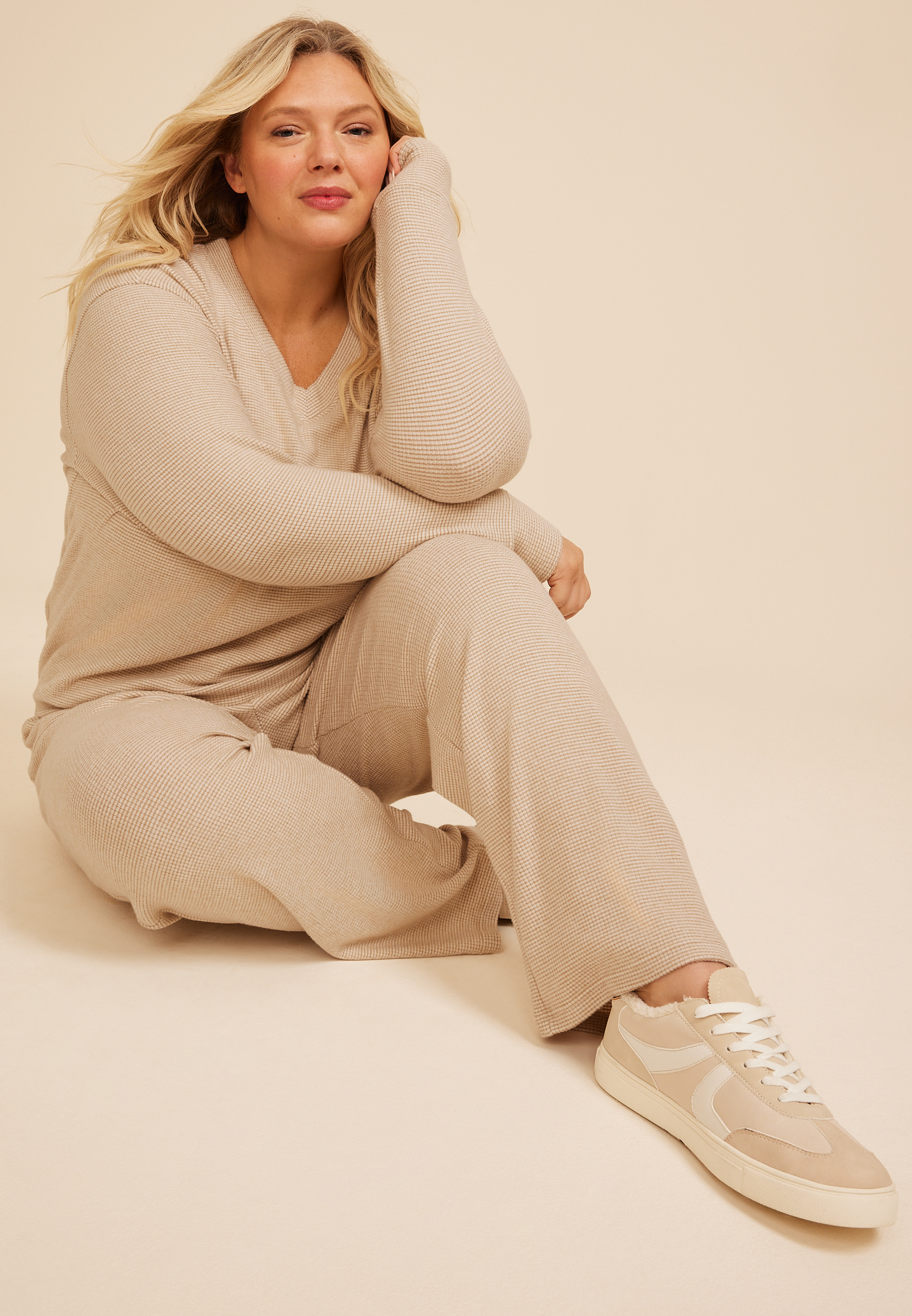 Plus Size Cozy Stripe Waffle Knit V Neck Top, AMPHORA, large