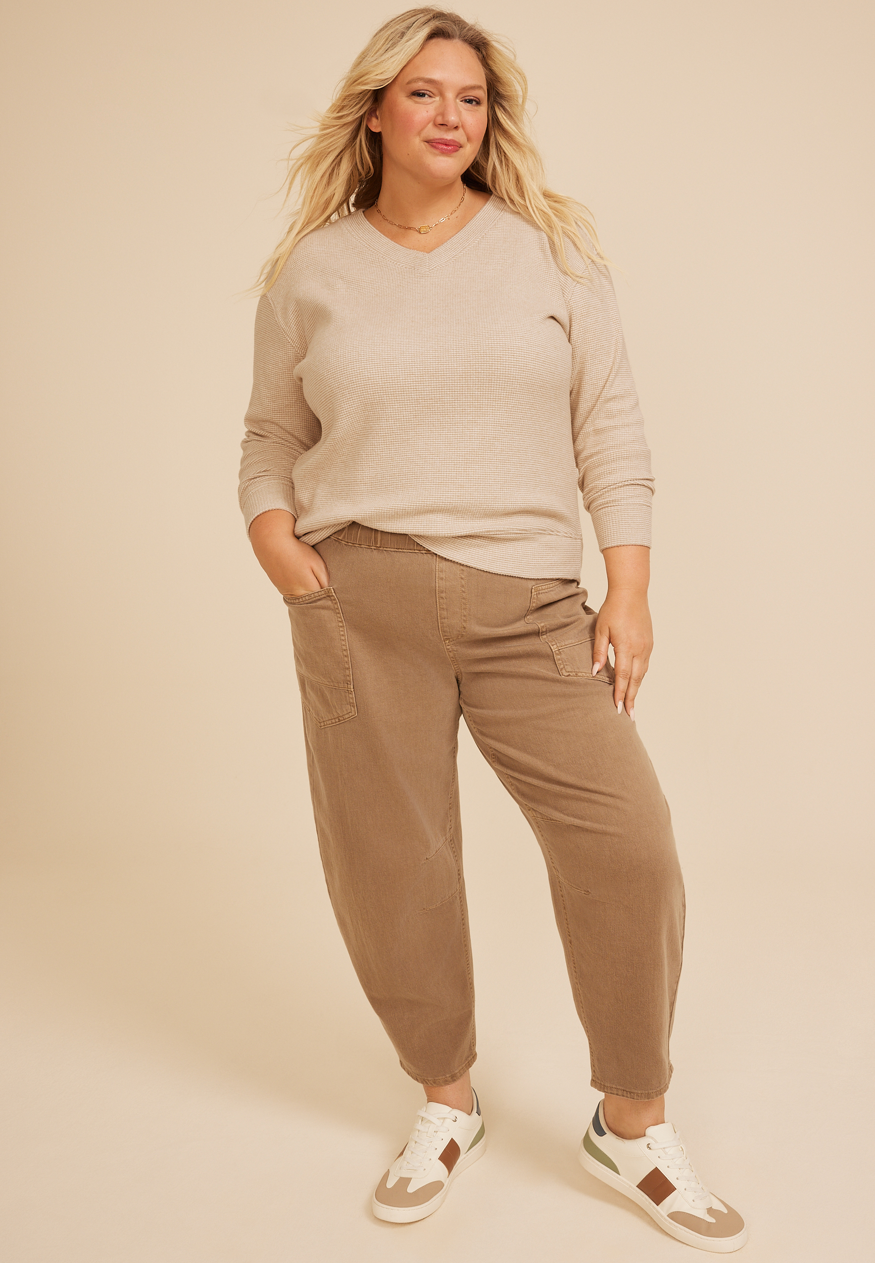 Plus Size Cozy Stripe Waffle Knit V Neck Top, AMPHORA, large