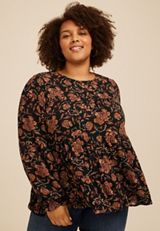 Plus Size Floral Tiered Peasant Sleeve Blouse, C1756, small