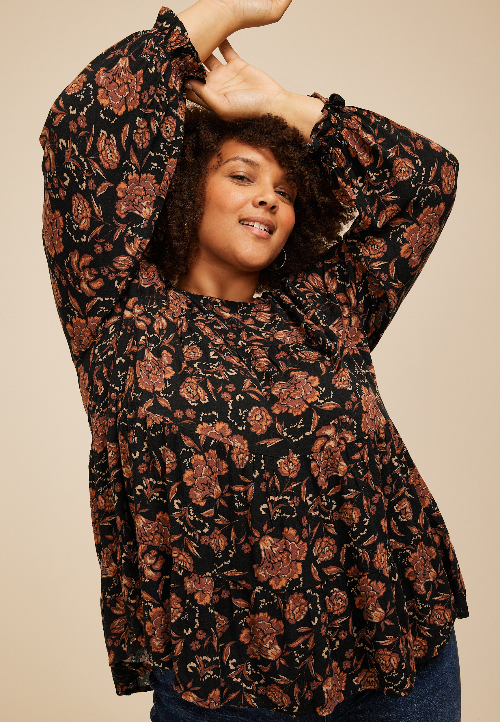 Plus Size Floral Tiered Peasant Sleeve Blouse, C1756, large