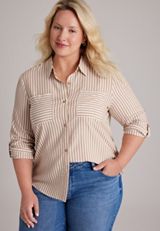 Plus Size Striped Button Down Shirt, C5899, small