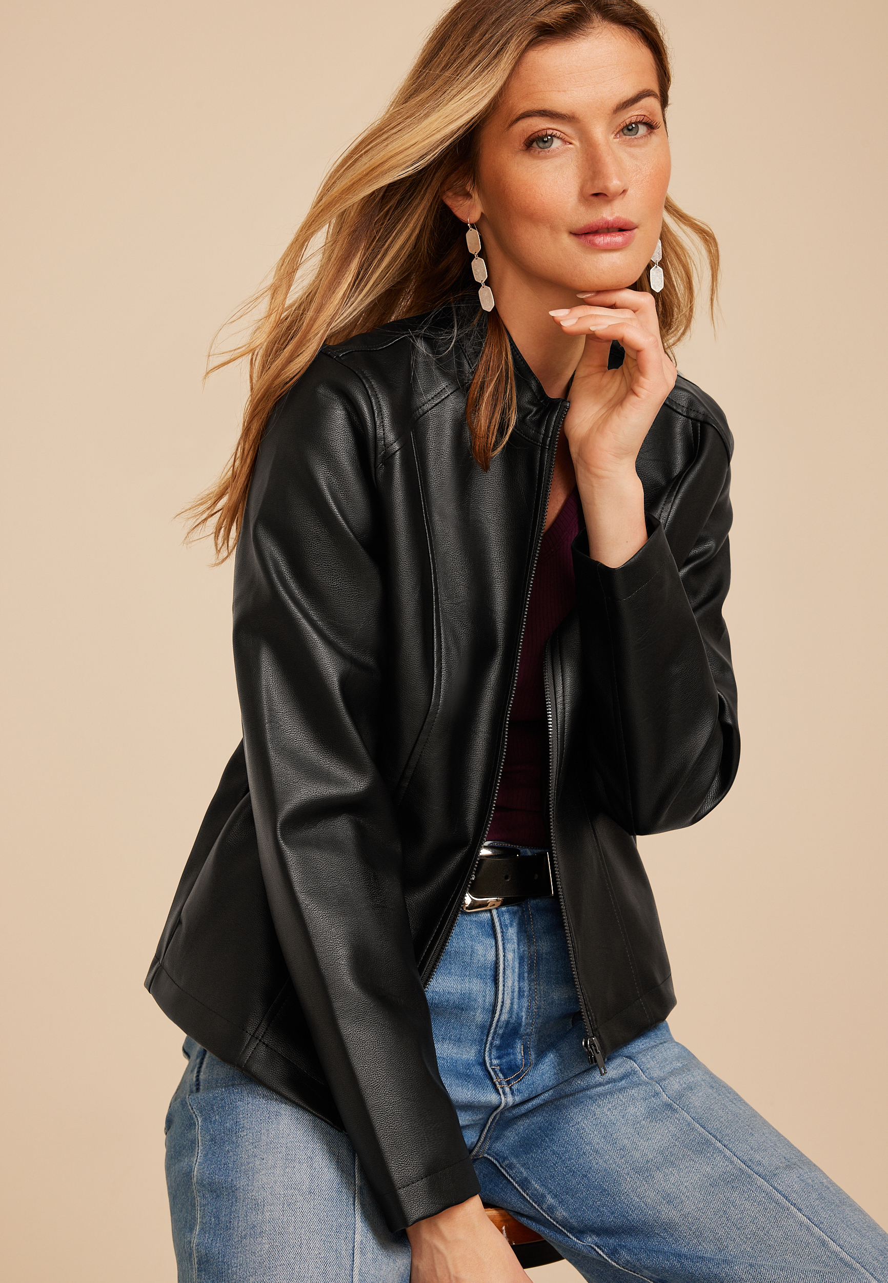 Faux Leather Biker Jacket, C106, large