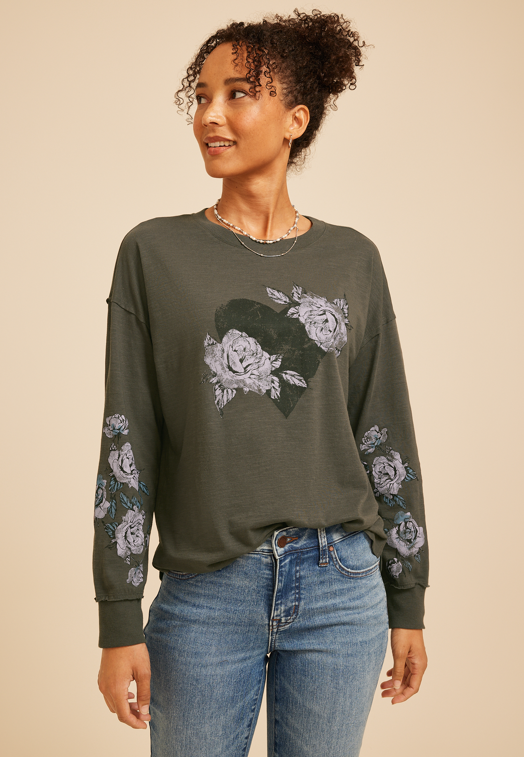 Floral Heart Graphic Long Sleeve Tee