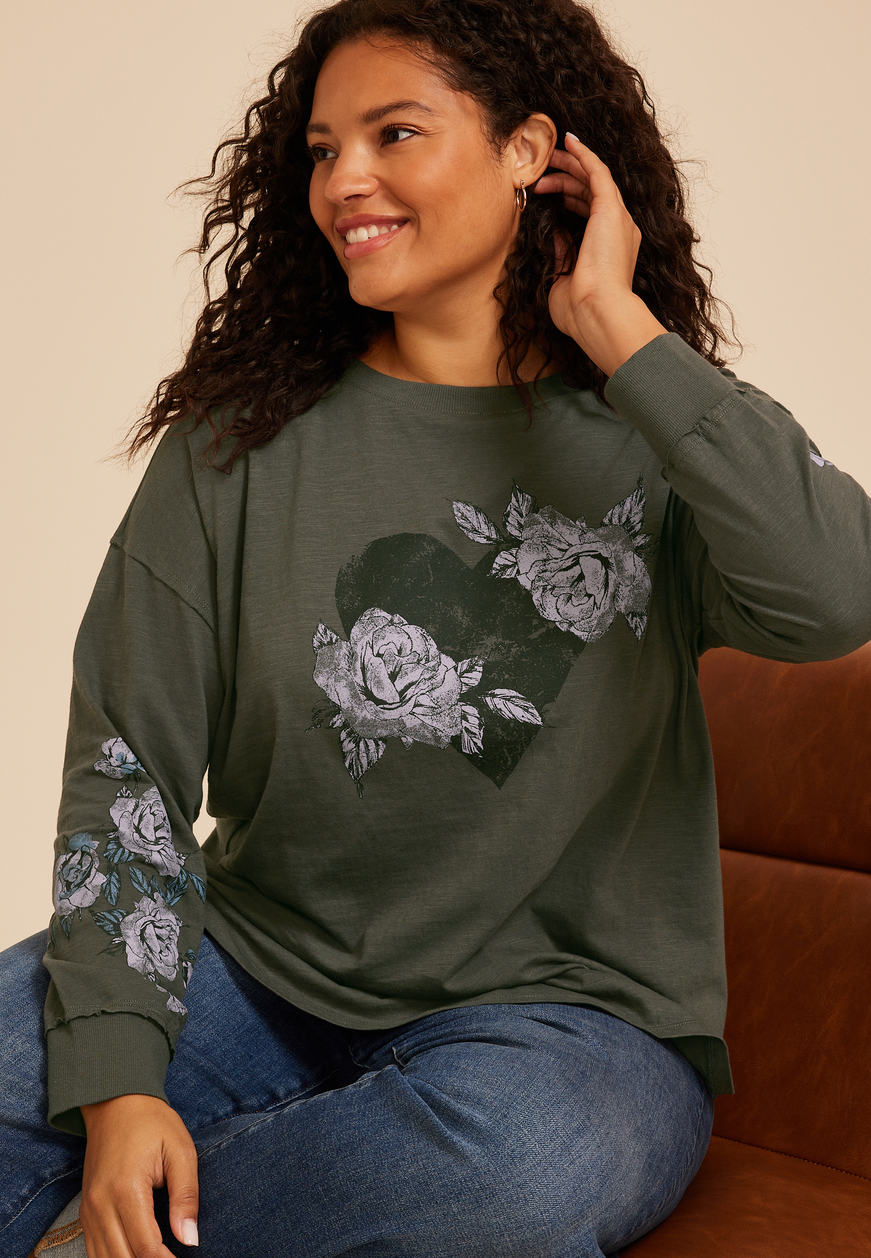 Plus Size Floral Heart Graphic Long Sleeve Tee