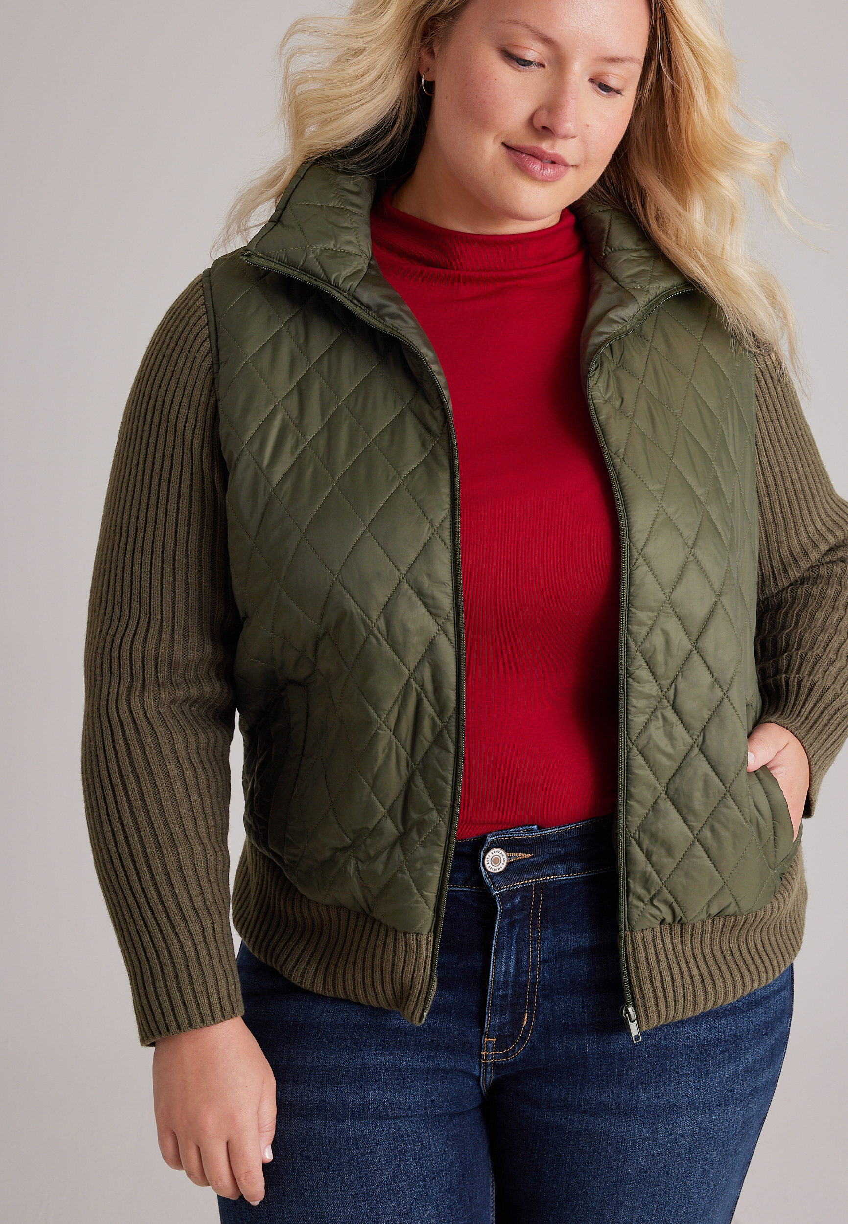 Plus Size Sweater Sleeve Quilted Jacket, C186, large