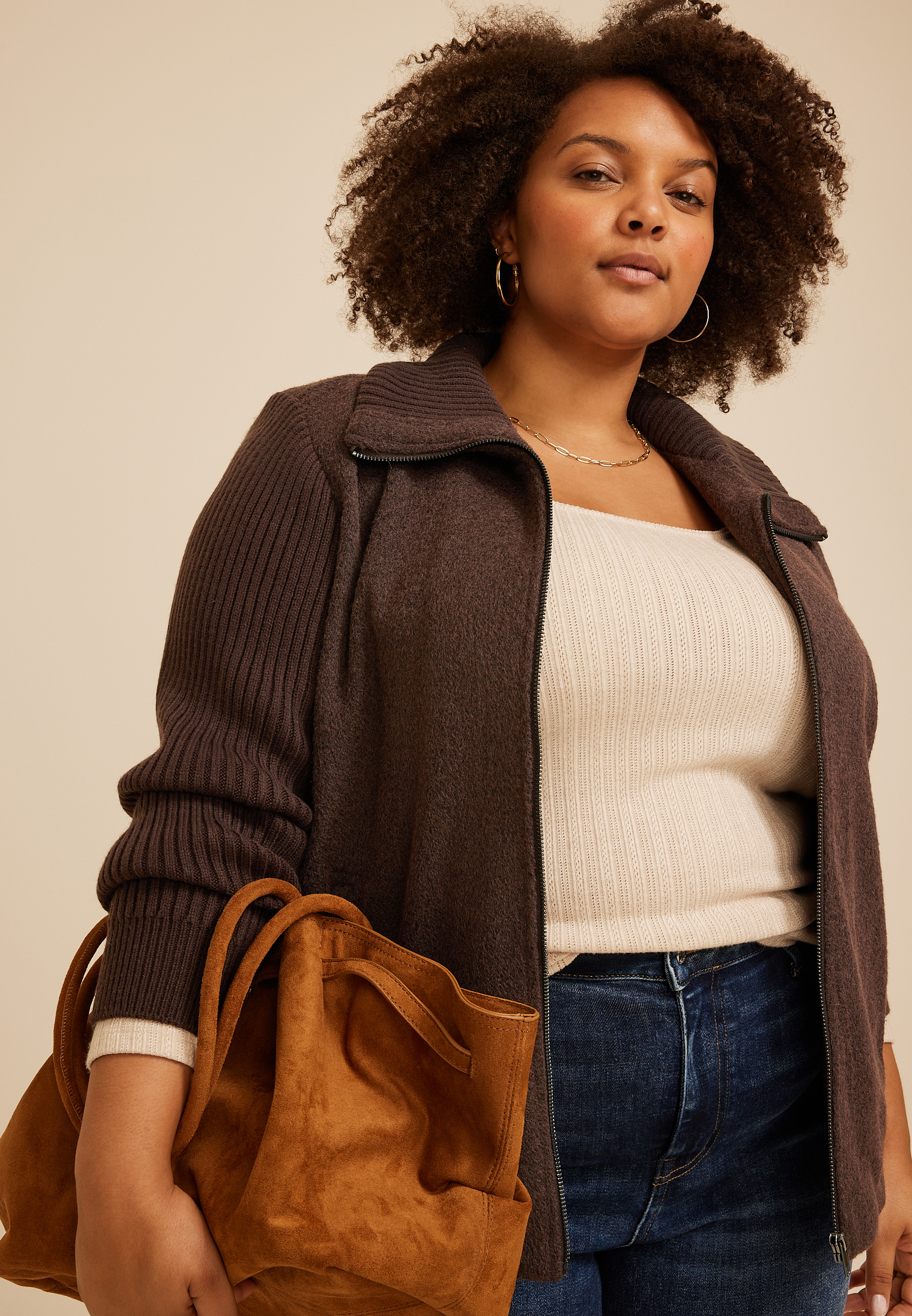Plus Size Sweater Sleeve Jacket, COFFEE BEAN, large