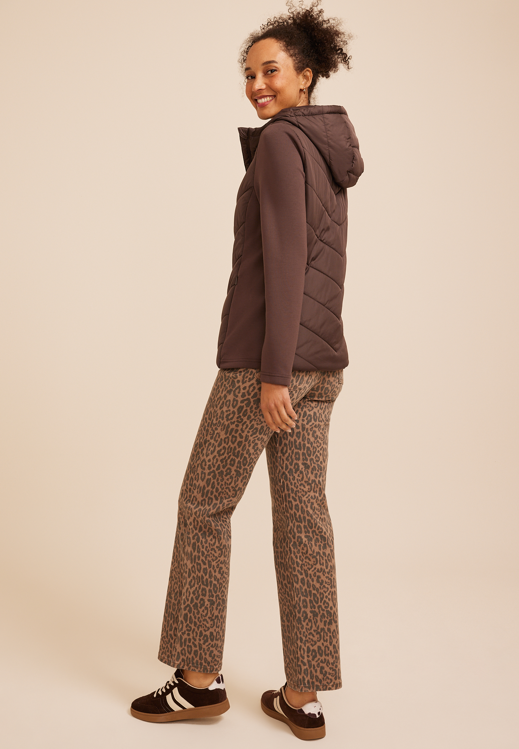 Hooded Knit Sleeve Puffer Jacket, COFFEE BEAN, large